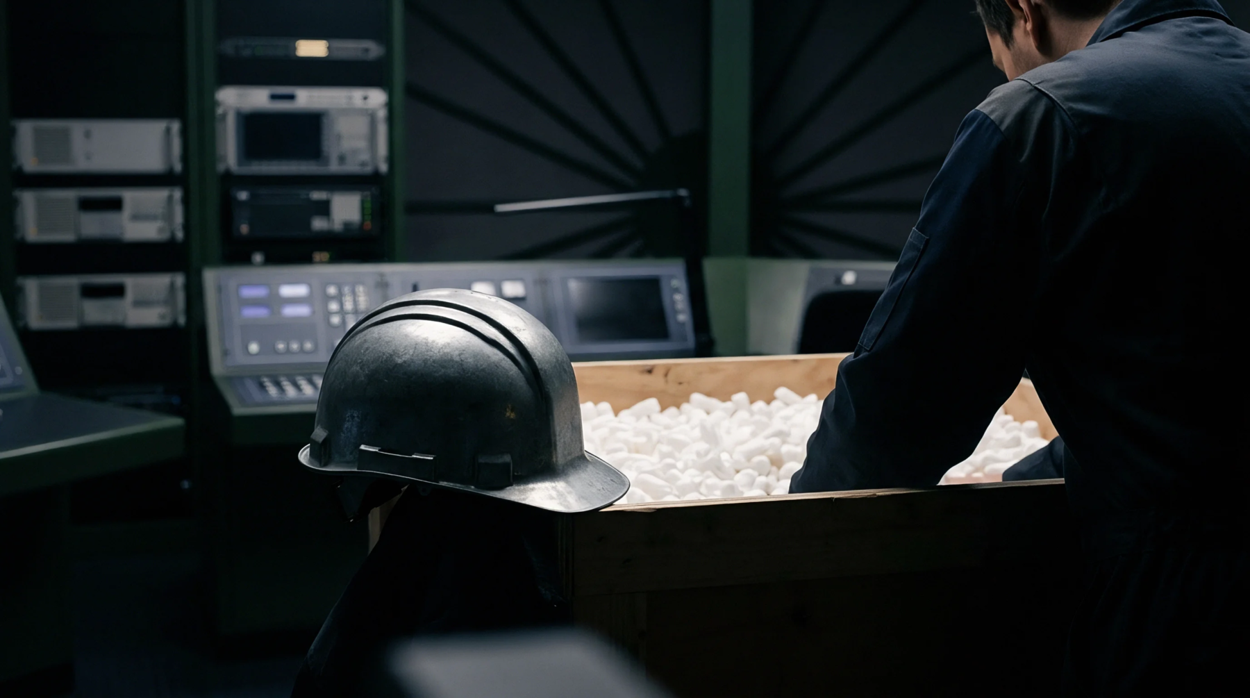 Industrial technician prepares protective transit materials inside a dark production facility equipped with monitoring systems and heavy protective gear.