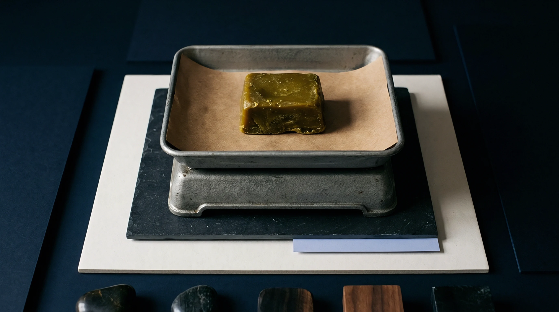A solid green production material block sits centered on a metal scale pan atop a slate verification plate within a manufacturing inspection facility.