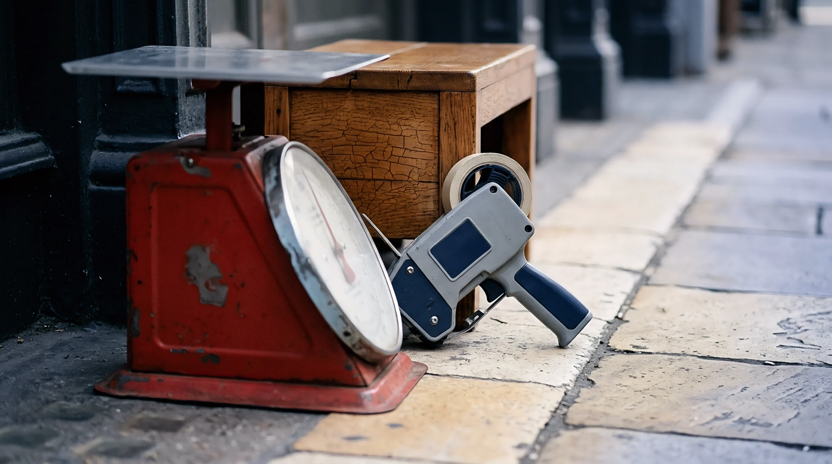 Industrial bench equipment and a label applicator rest on stone flooring outside a manufacturing facility entrance.