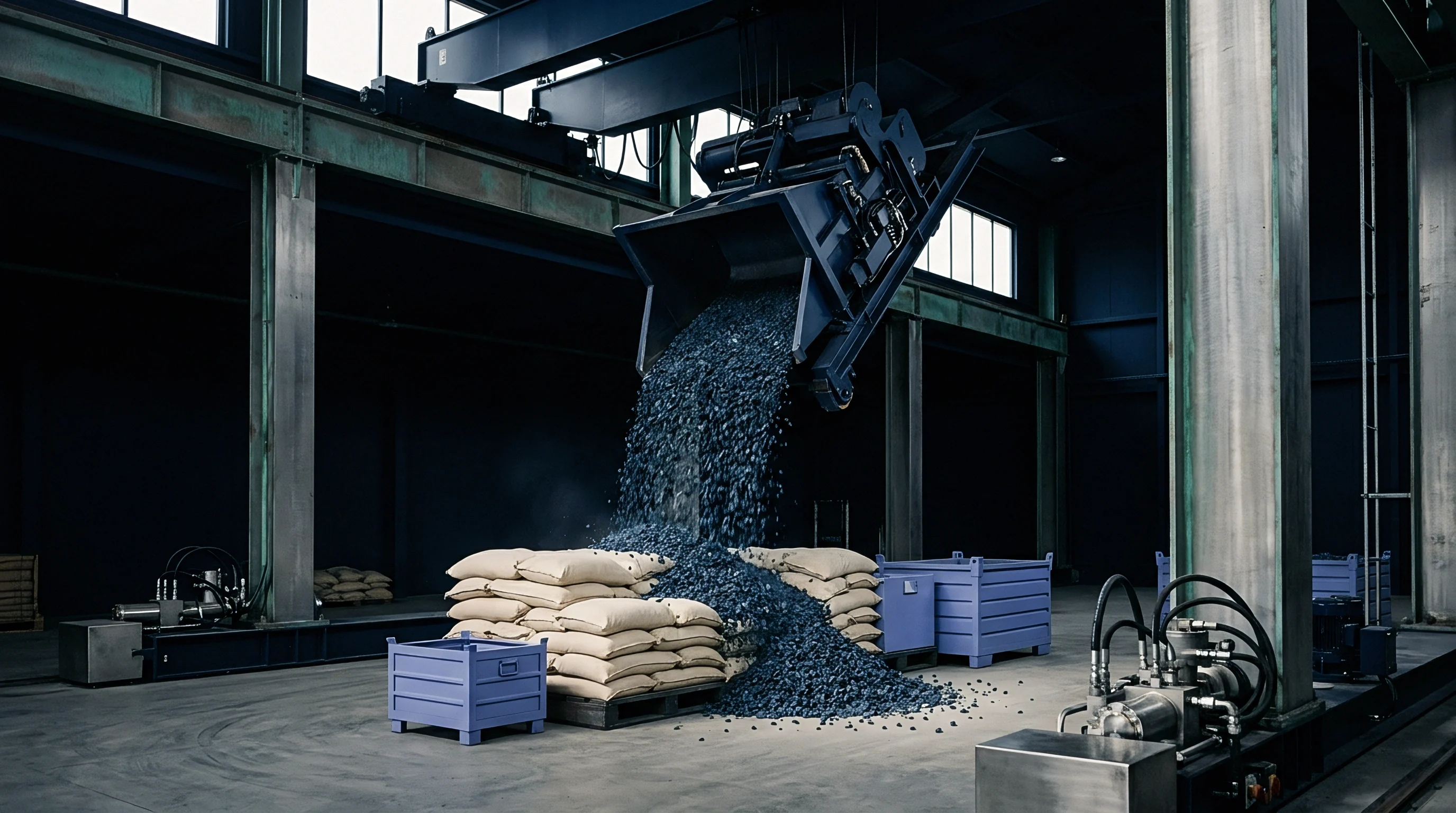 A gantry crane dispenses dark granular material into piles on a warehouse floor near palletized bagged goods and metal industrial storage containers.