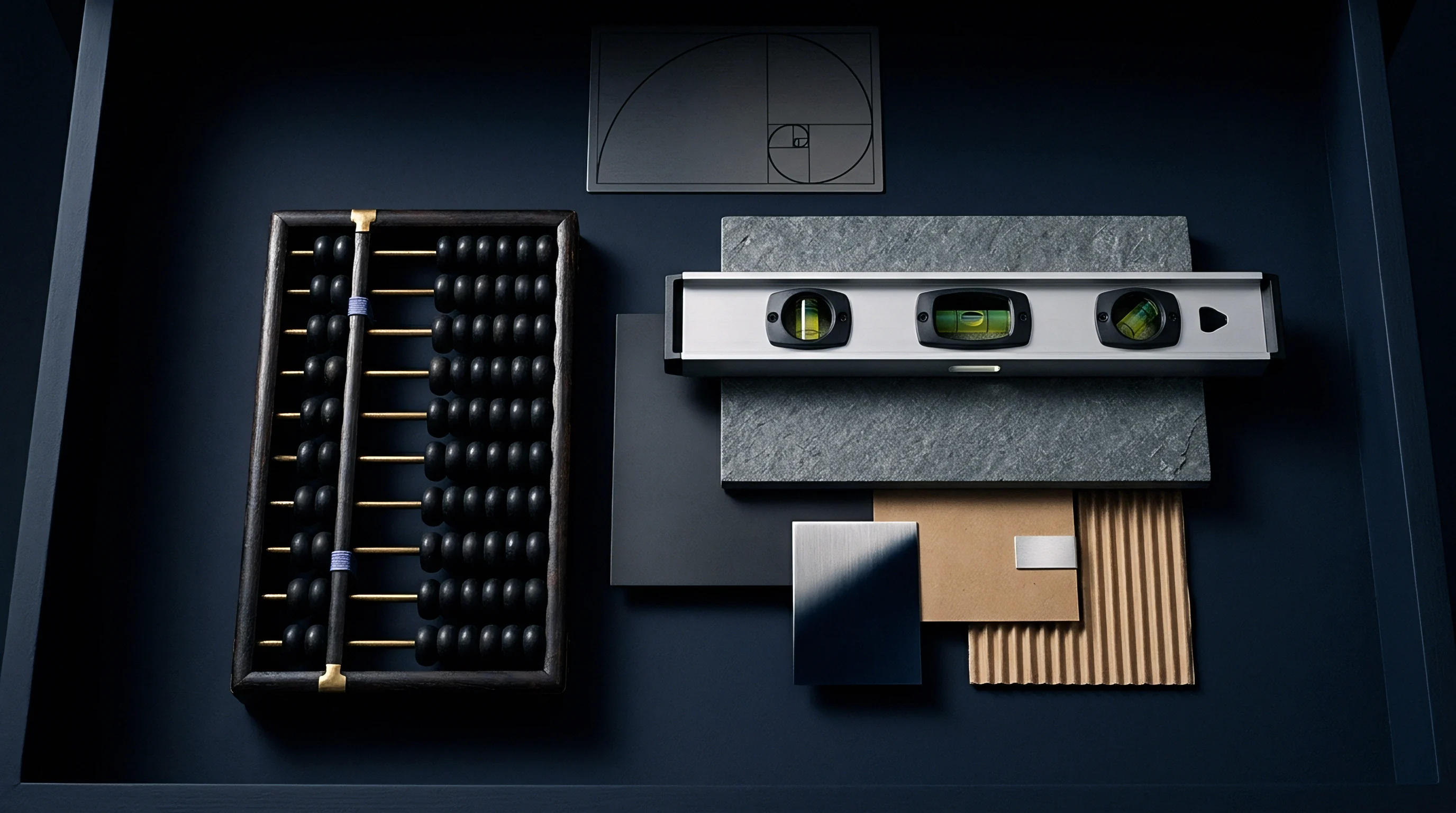 An abacus and spirit level rest alongside raw material samples and a golden ratio diagram on a uniform dark surface.