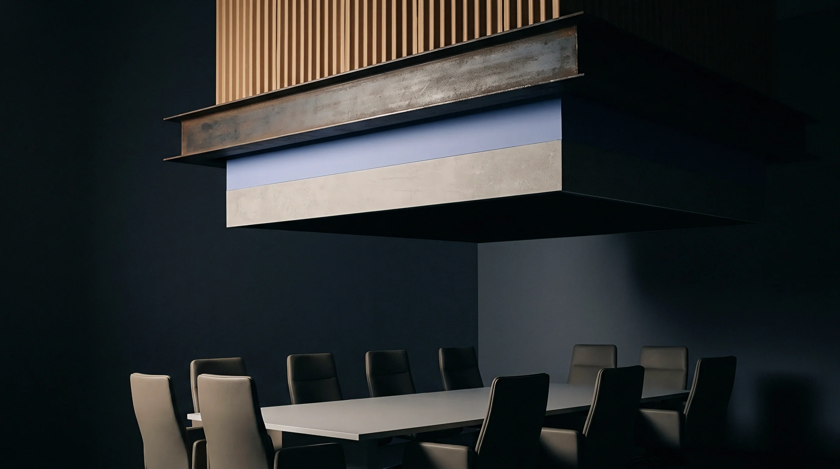 A digital render shows a modern boardroom with a long table and chairs beneath a heavy suspended industrial ceiling structure.
