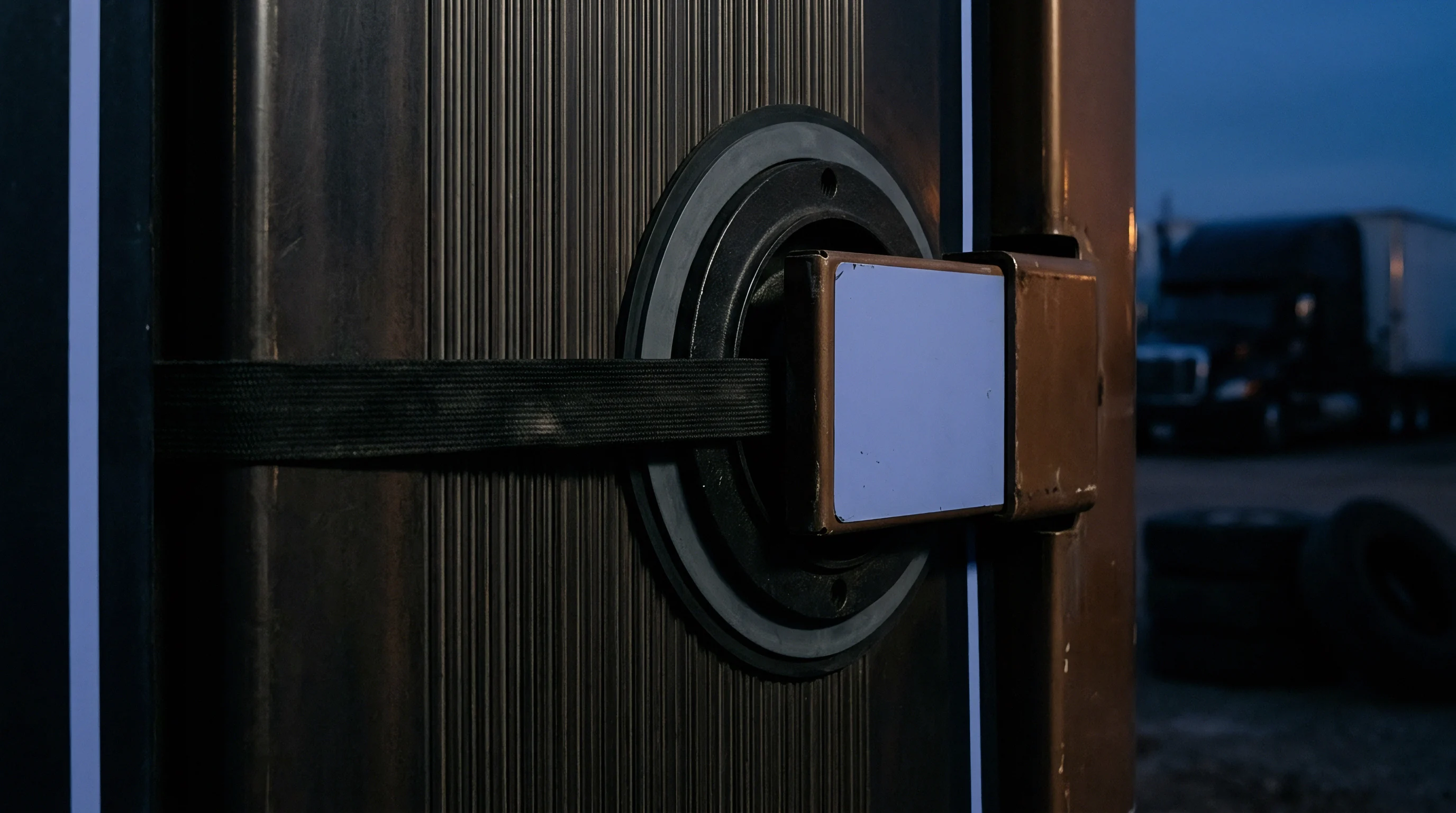 A heavy-duty metal locking mechanism secures a corrugated container door with a transport truck parked in the background at dusk.