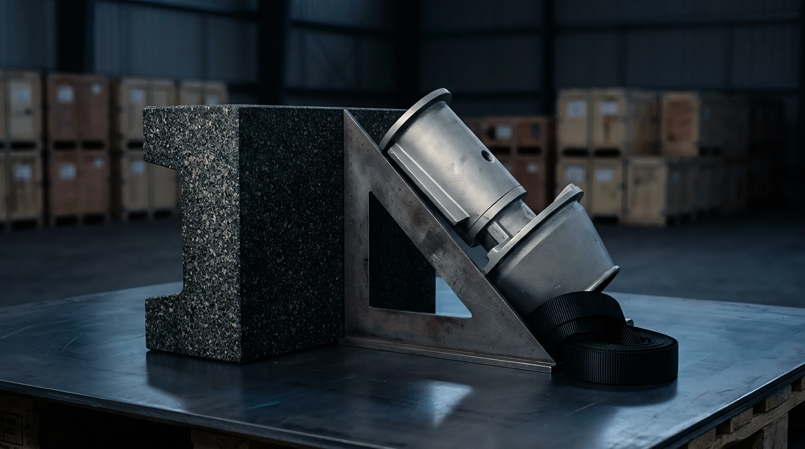 A machined metal housing rests on a steel triangle tool and a dark composite block atop a workstation in a warehouse.