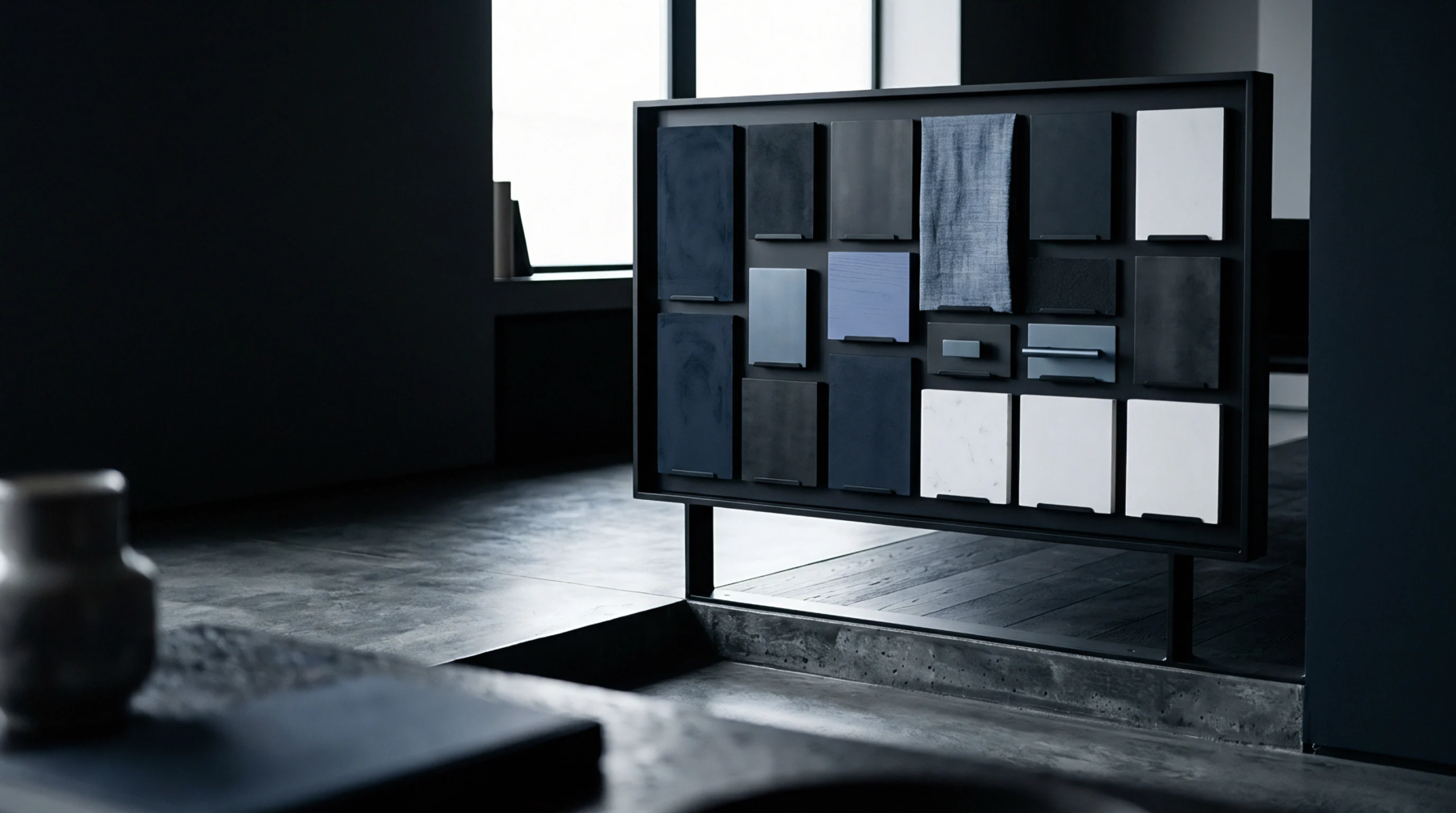 A modular display board exhibits various architectural material swatches and hardware components within a dark industrial workshop setting.