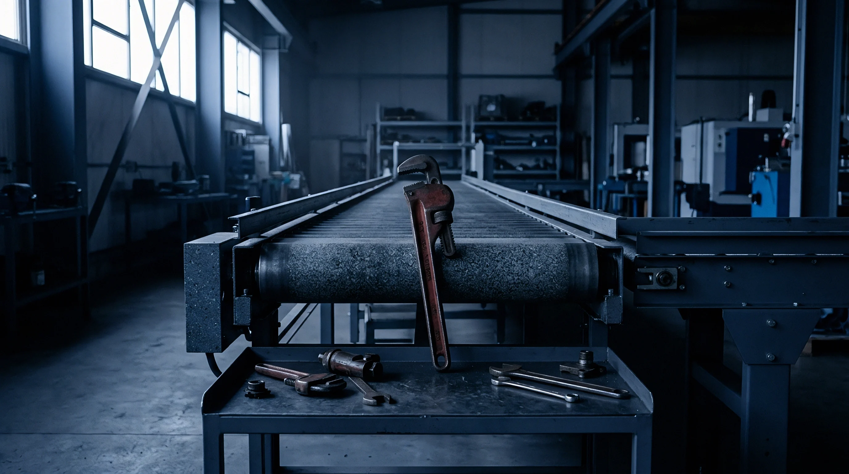 An industrial pipe wrench rests on a production line conveyor belt within a manufacturing facility, surrounded by essential tools on an adjacent workbench.