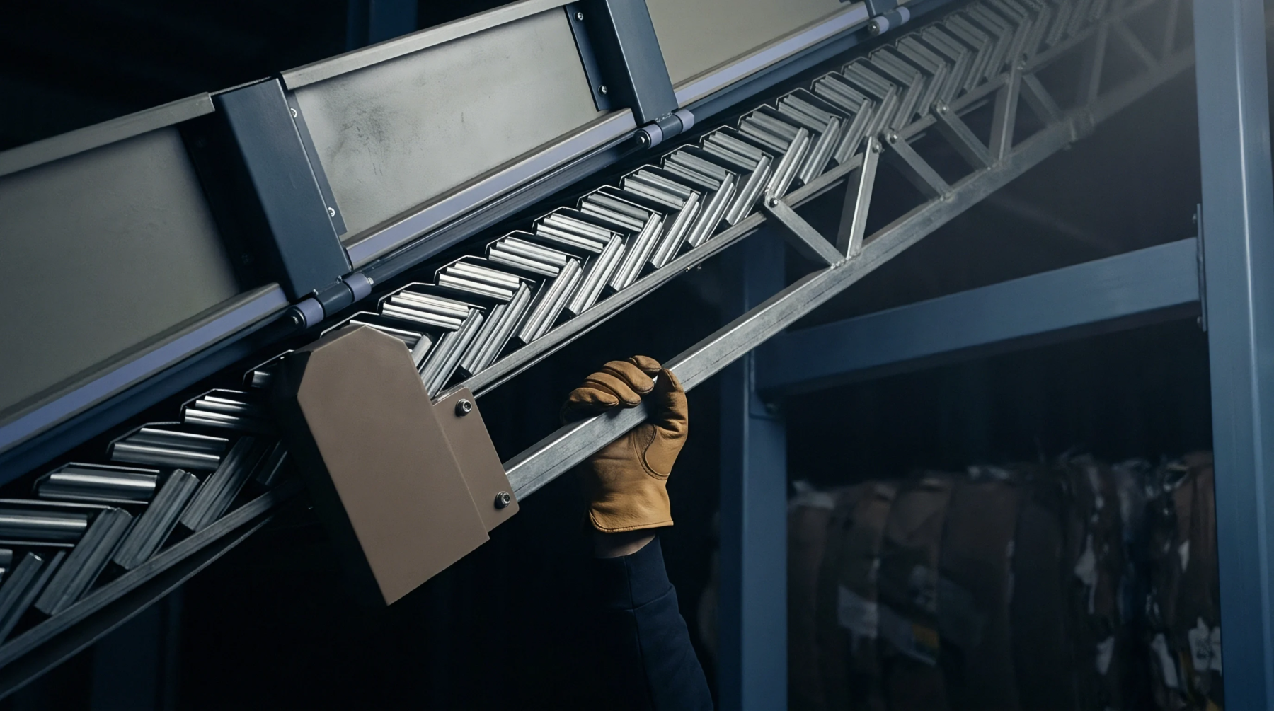 A worker wearing leather safety gloves manipulates the structural frame of an industrial conveyor belt featuring a herringbone roller assembly within a production facility.