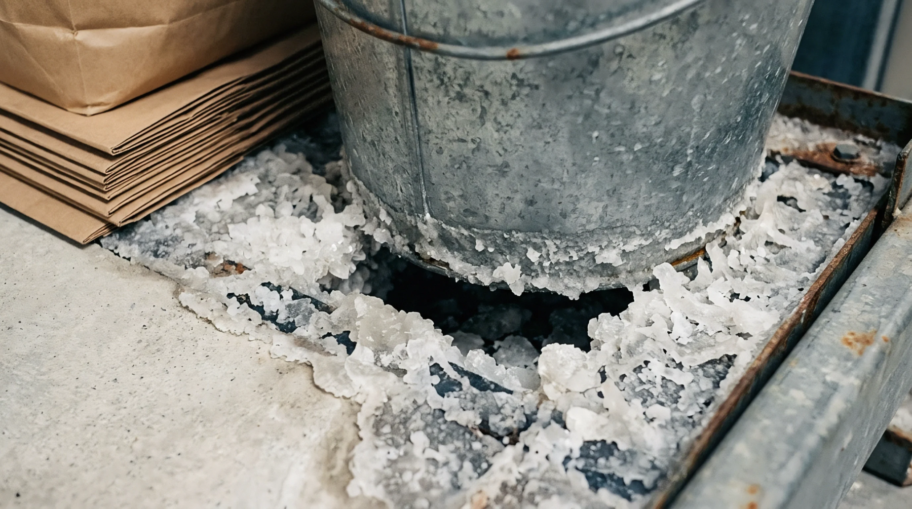 Galvanized metal bucket sits atop a tray covered in white mineral deposits next to a stack of brown paper supply bags.