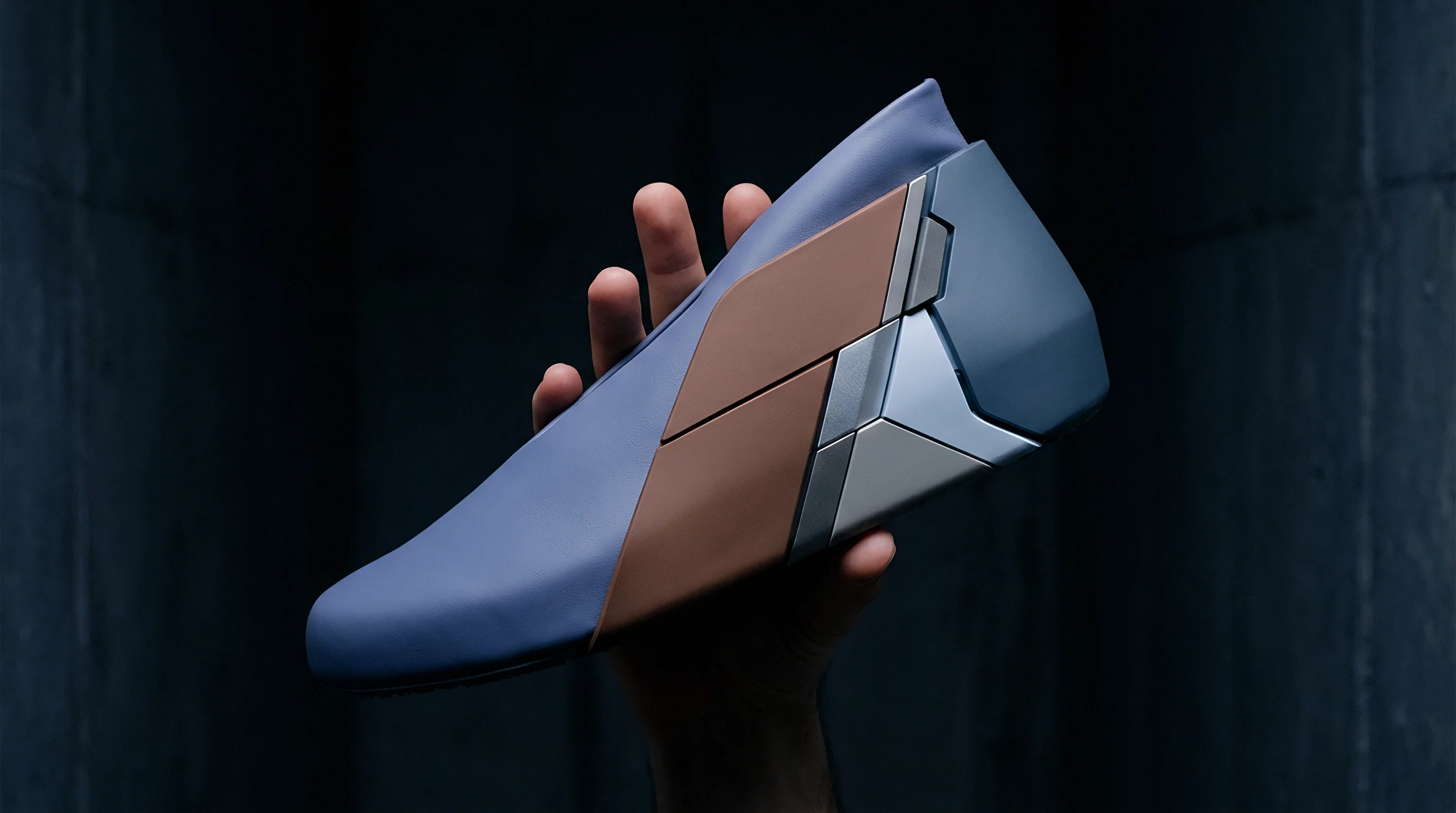A hand holds a modular footwear prototype with geometric panels of blue, brown, and grey on a dark, textured background.