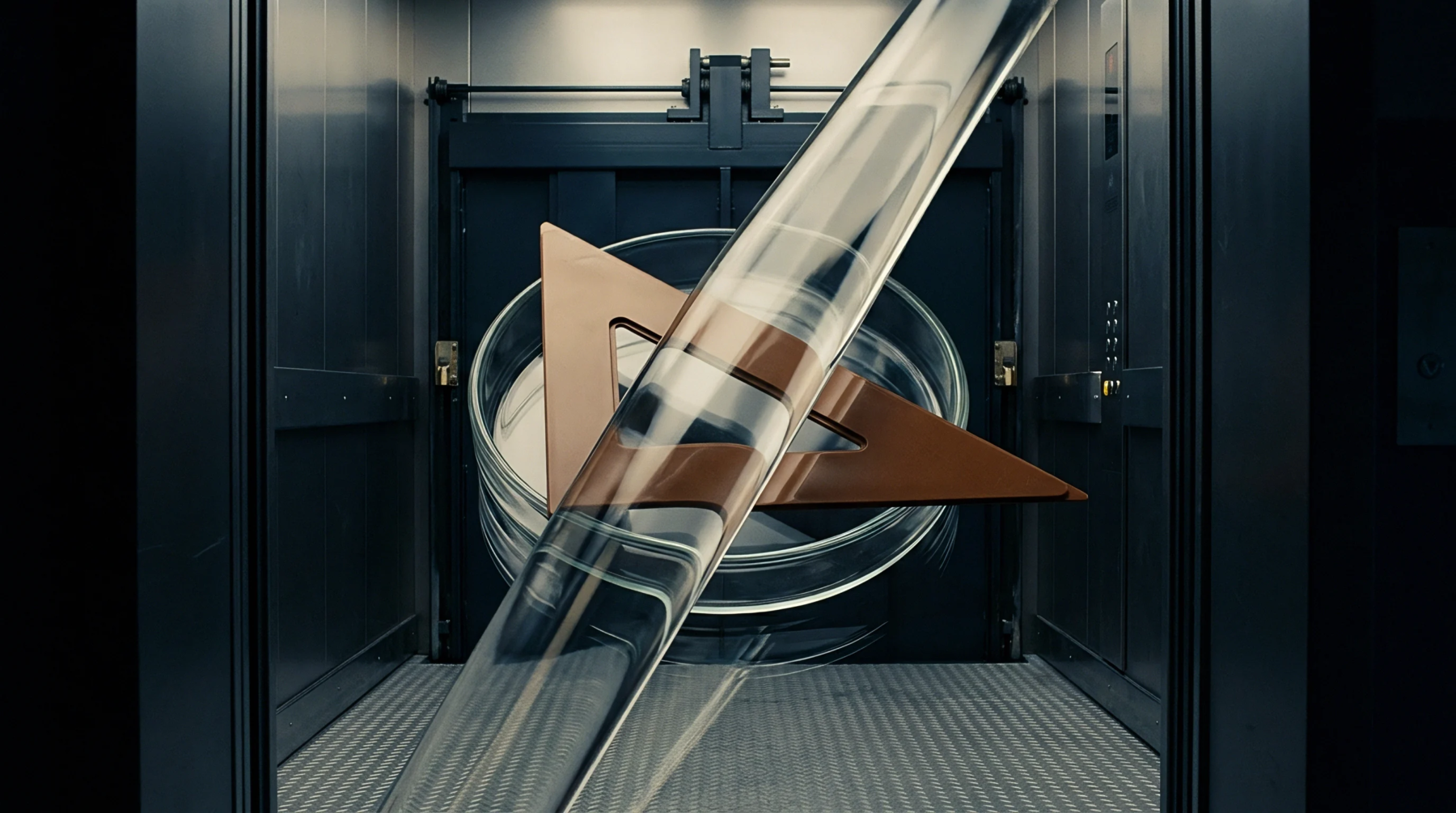 A digital render features a transparent glass tube intersecting a bronze triangular shape inside a heavy steel industrial elevator shaft.