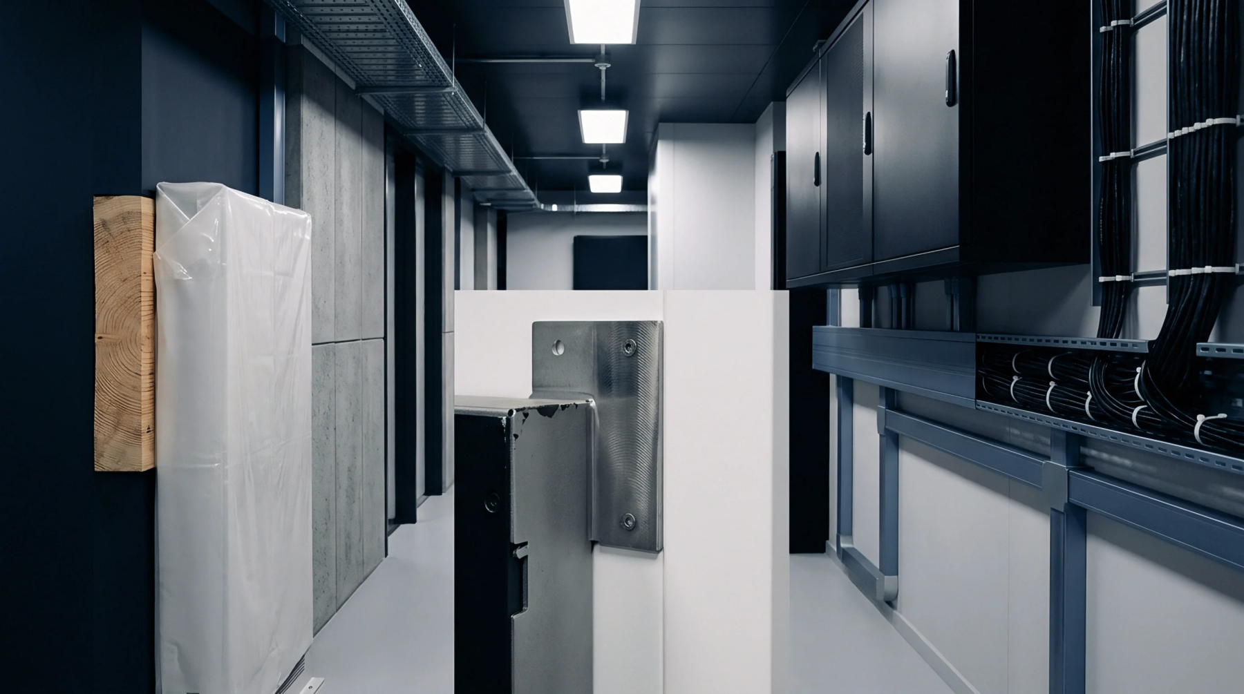 Bundled electrical cables line a corridor wall alongside metallic storage cabinets and concrete partitions inside a technical industrial facility during equipment installation.
