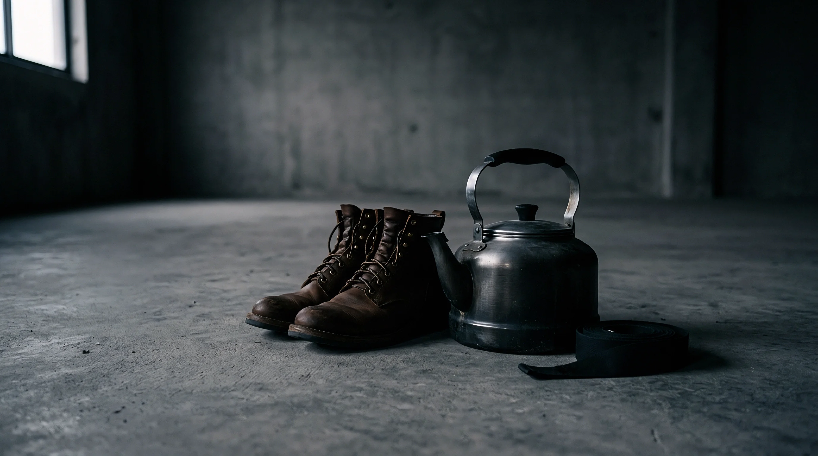 Leather work boots and a metal container rest upon a raw concrete floor inside an expansive vacant industrial production facility.