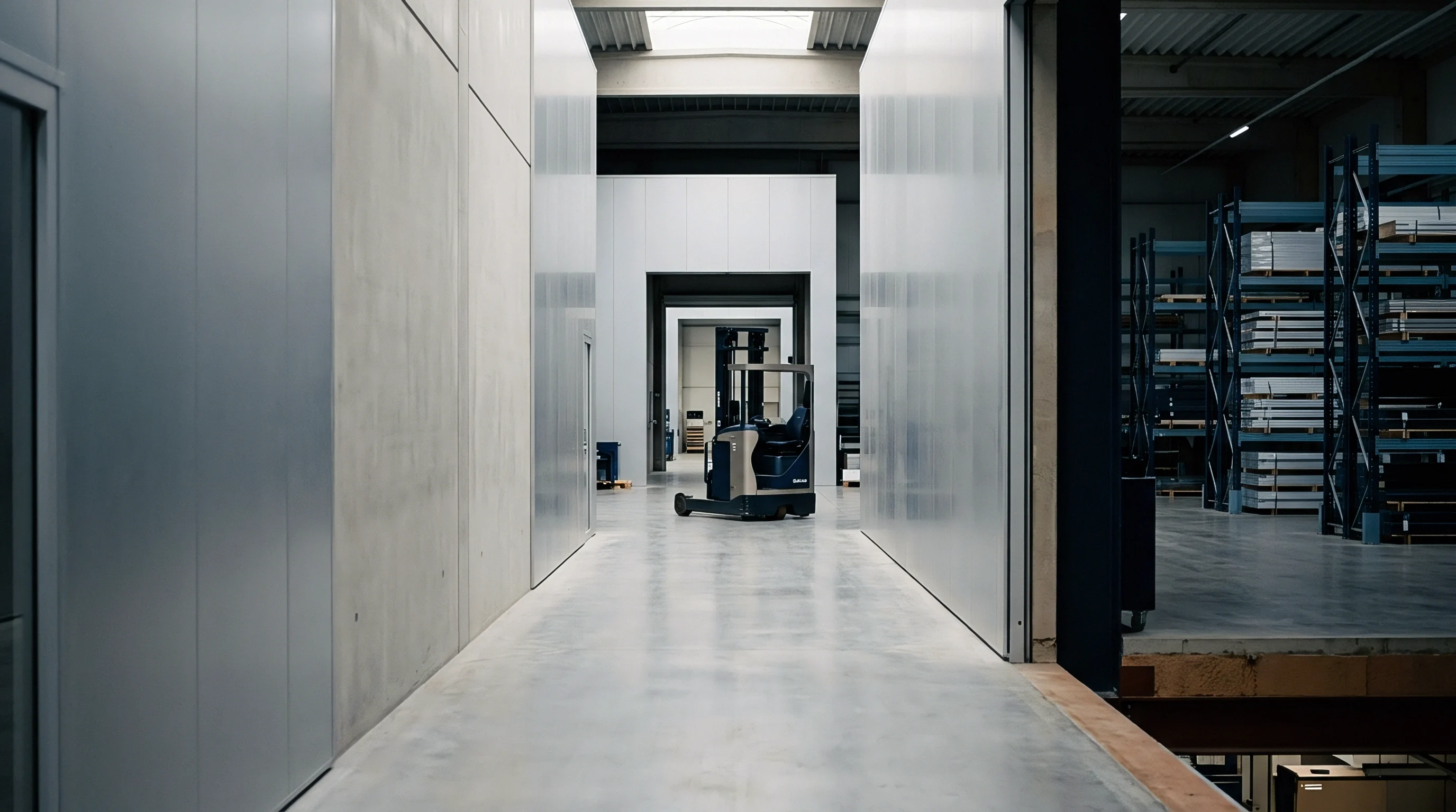 An industrial forklift rests inside a concrete warehouse corridor connecting production zones and high capacity storage racking systems.