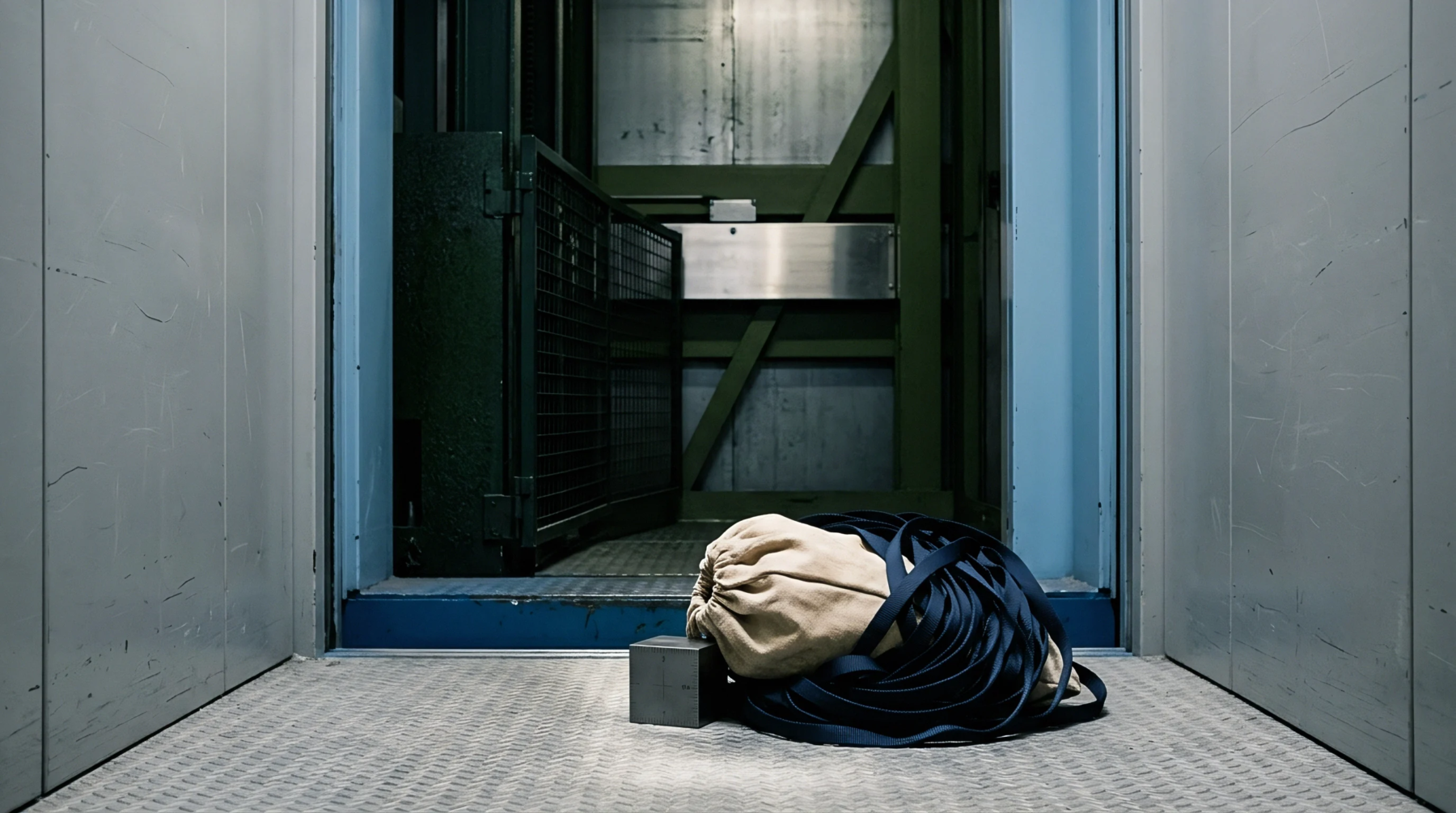Industrial freight elevator doors open above a heavy diamond plate steel floor where a canvas utility bag and blue rigging straps wait for transport.