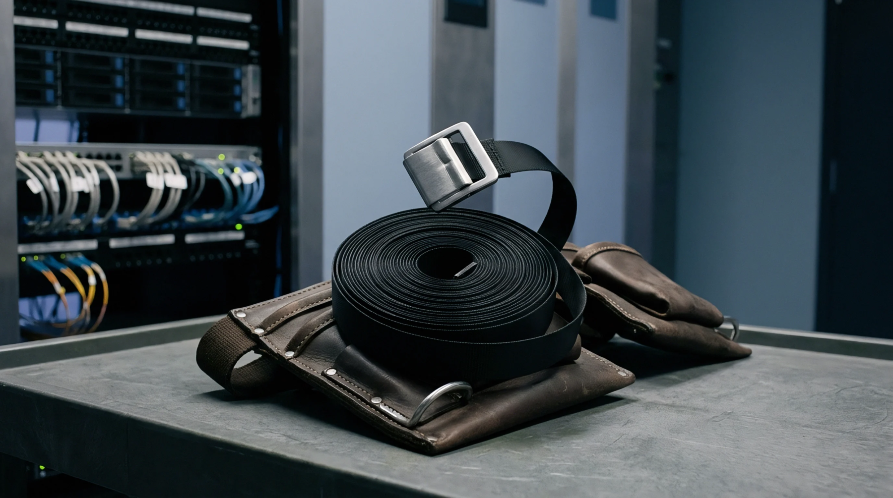 Rolled black industrial strapping sits atop a heavy leather utility pouch resting on a grey metal workbench inside a server facility.