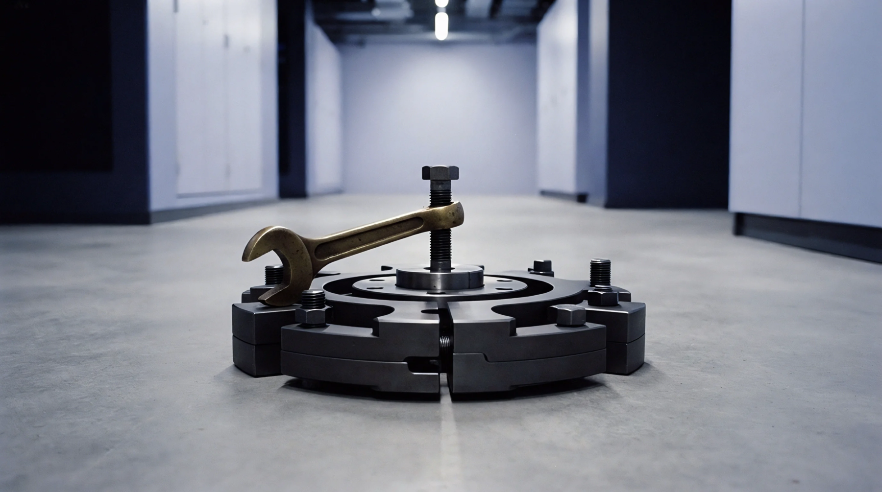 A metallic segmented circular jig and hex bolt rest on a concrete floor inside a sterile industrial corridor.