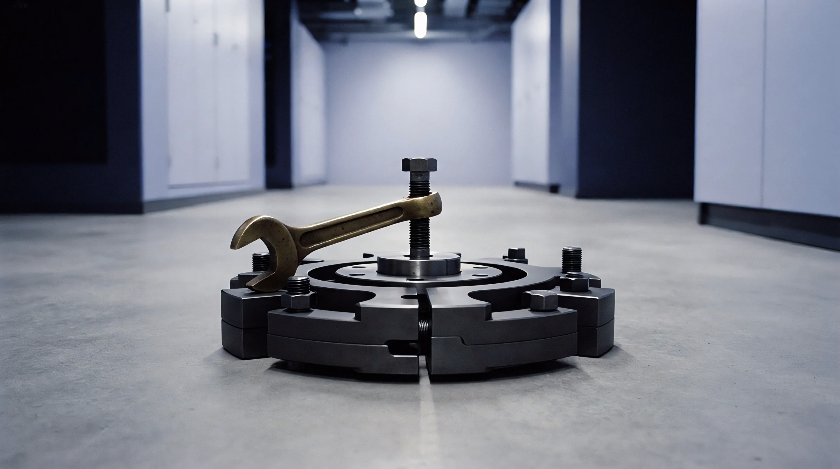 A metallic segmented circular jig and hex bolt rest on a concrete floor inside a sterile industrial corridor.