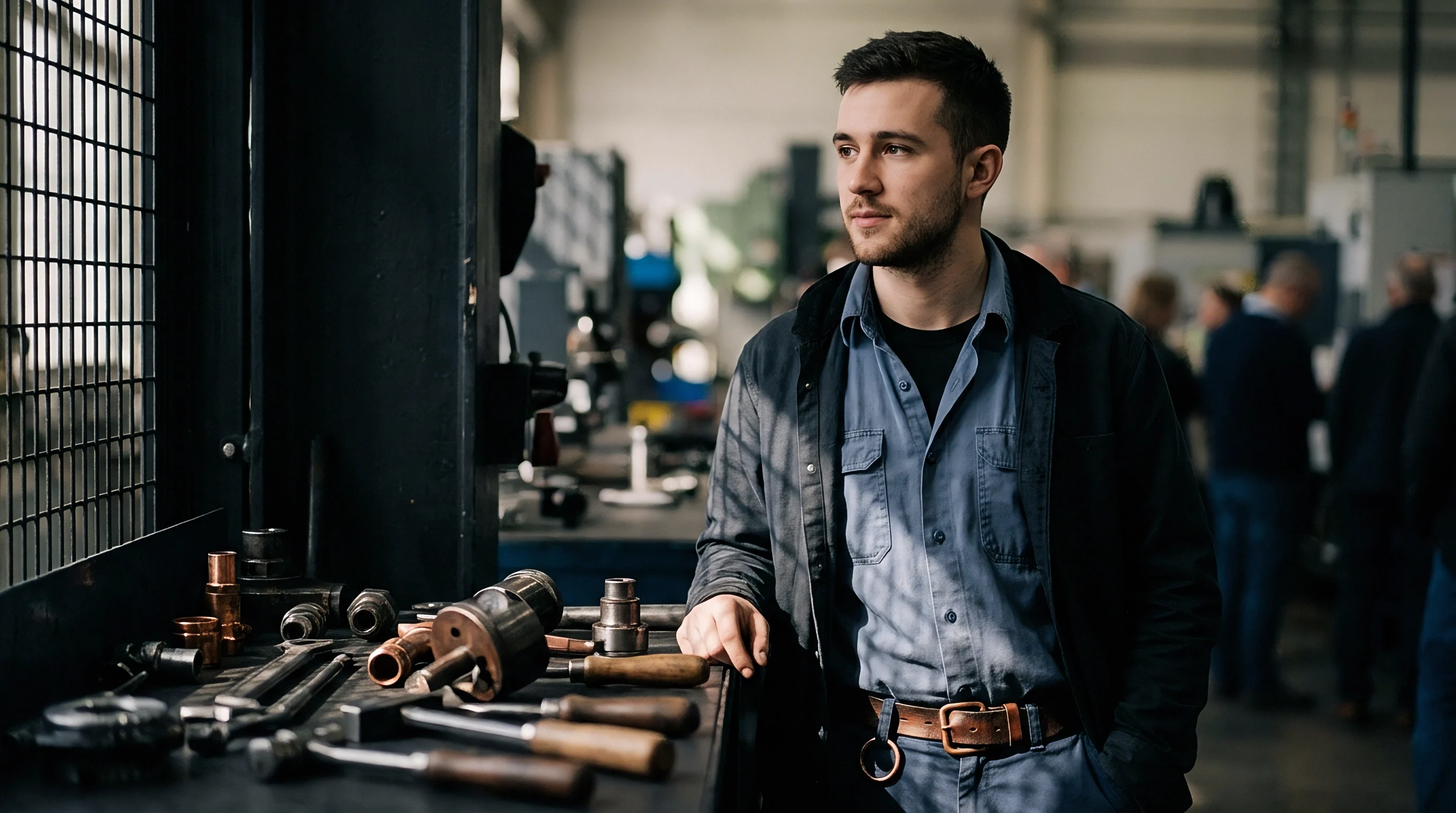 An industrial operator stands beside a workbench covered with brass fittings and hand tools within a large factory facility.