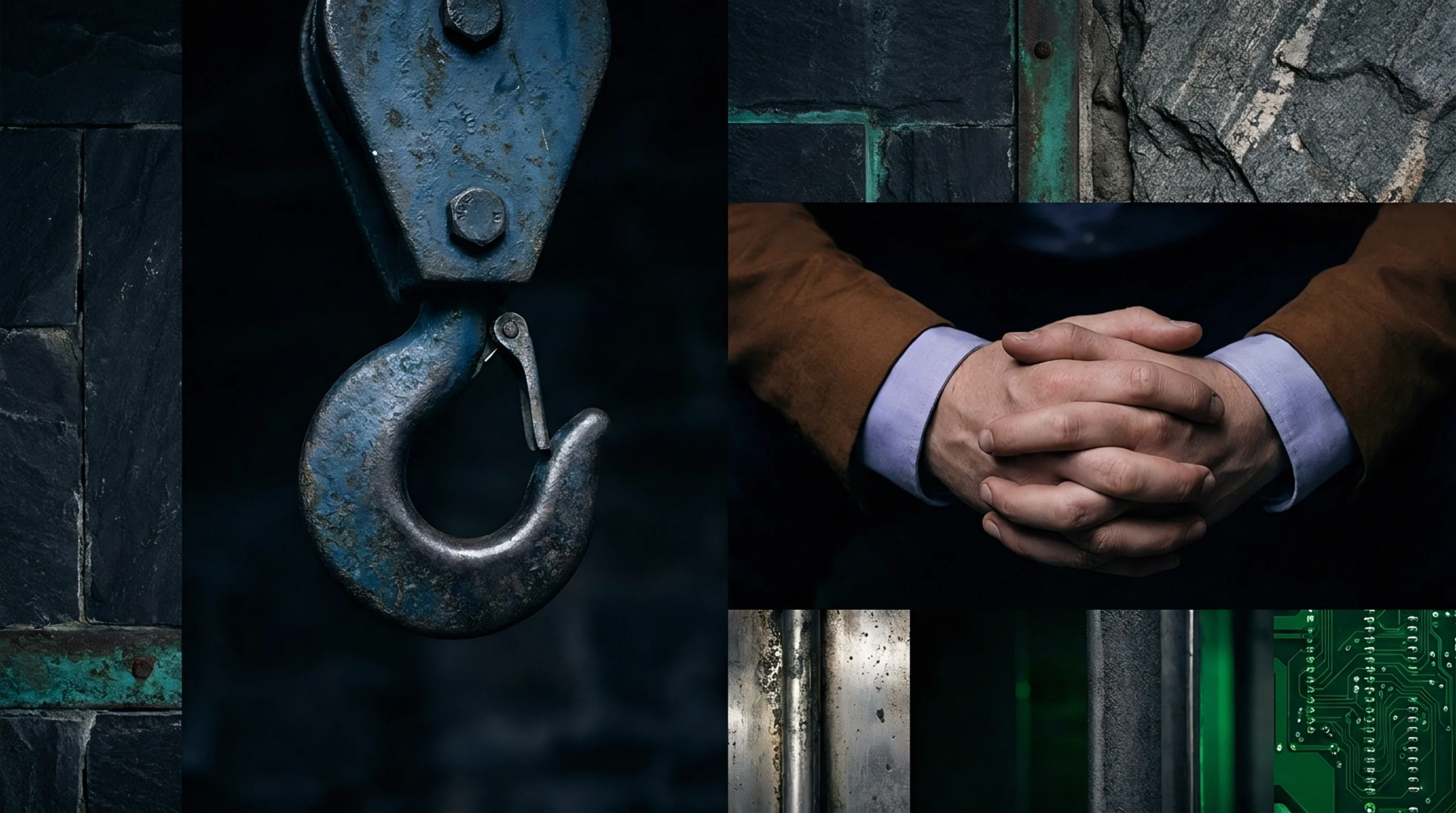 Painted steel industrial rigging hardware and human hands in business attire appear alongside electronic circuit boards against stone walls.