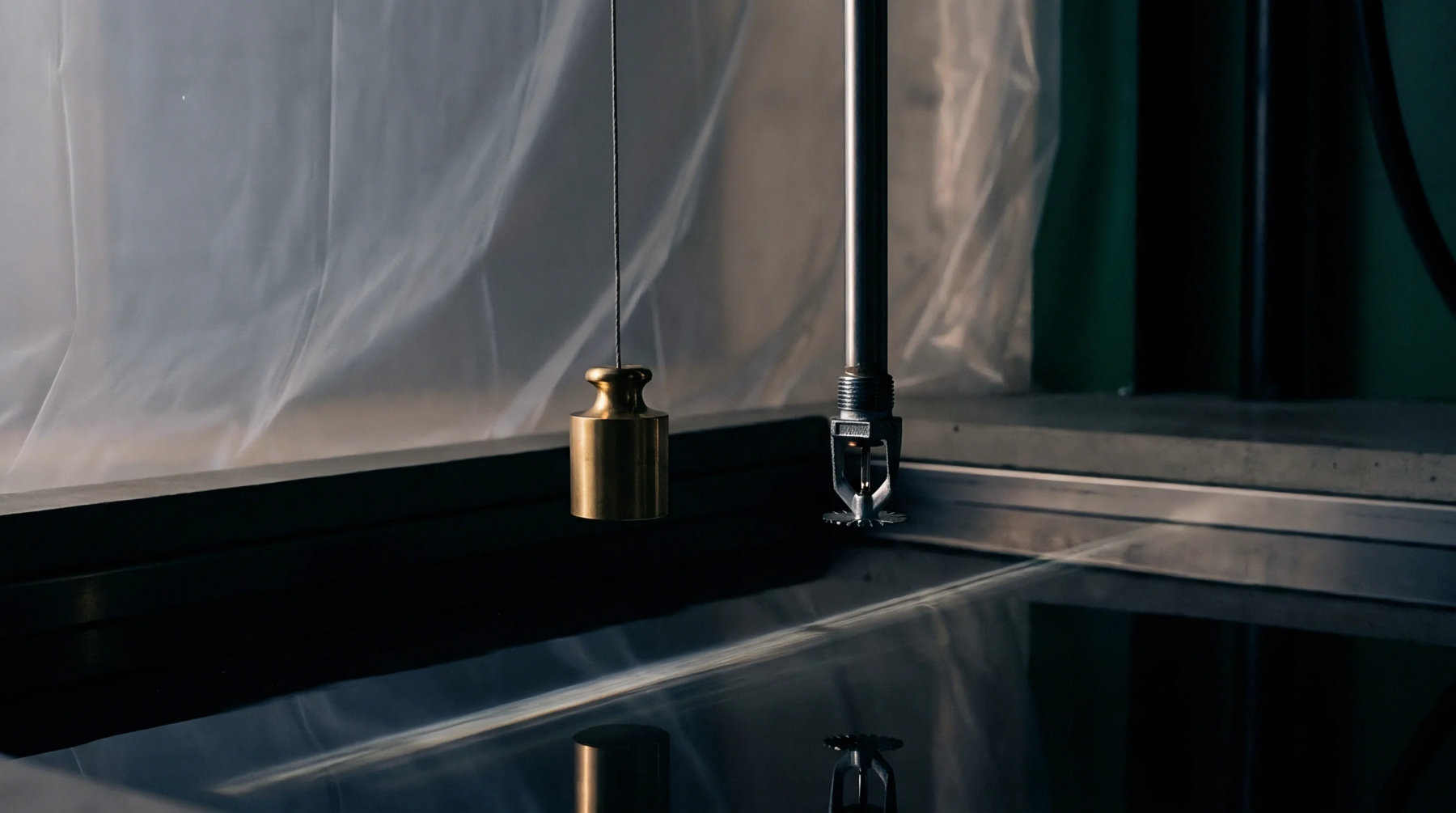 A suspended brass calibration weight hangs above a stainless steel tank containing dark liquid, near a fire sprinkler head assembly.