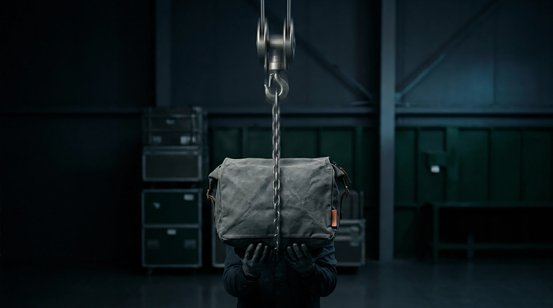 A heavy fabric gear case hangs suspended by a steel crane chain inside a dimly lit industrial production warehouse facility.