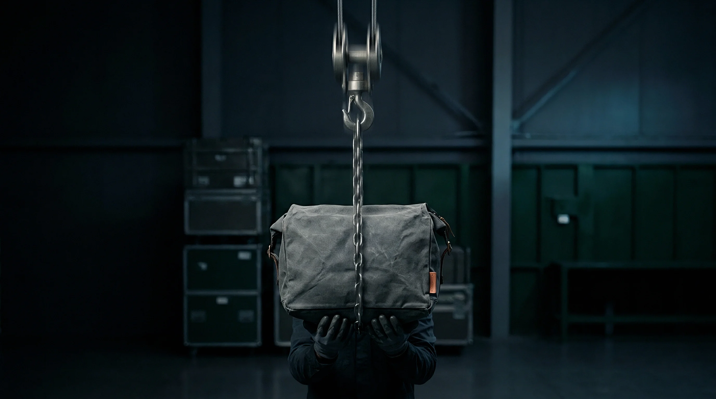 A heavy fabric gear case hangs suspended by a steel crane chain inside a dimly lit industrial production warehouse facility.