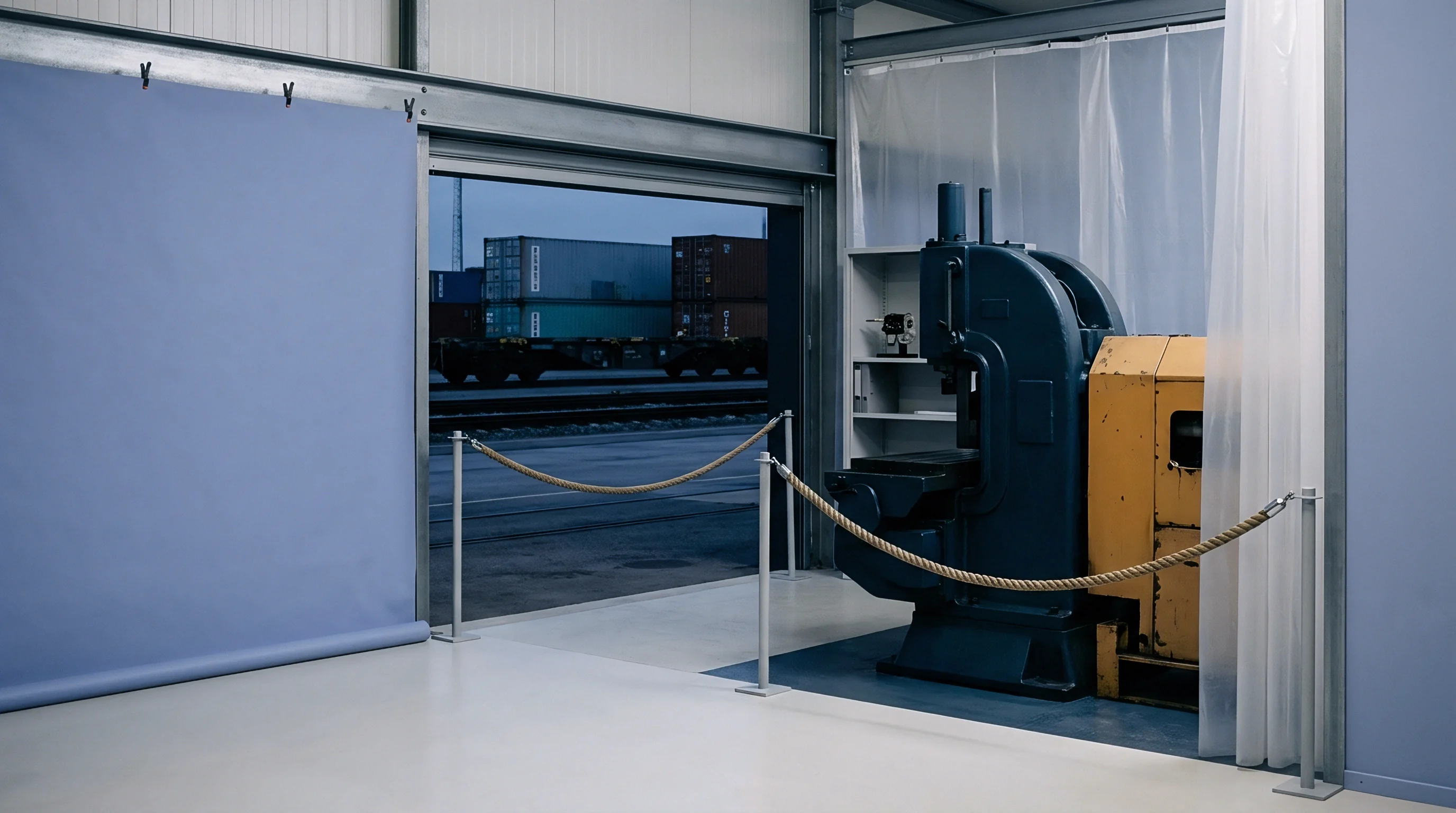 An industrial workspace contains a heavy fabrication machine secured by rope barriers next to an open loading bay facing shipping containers.