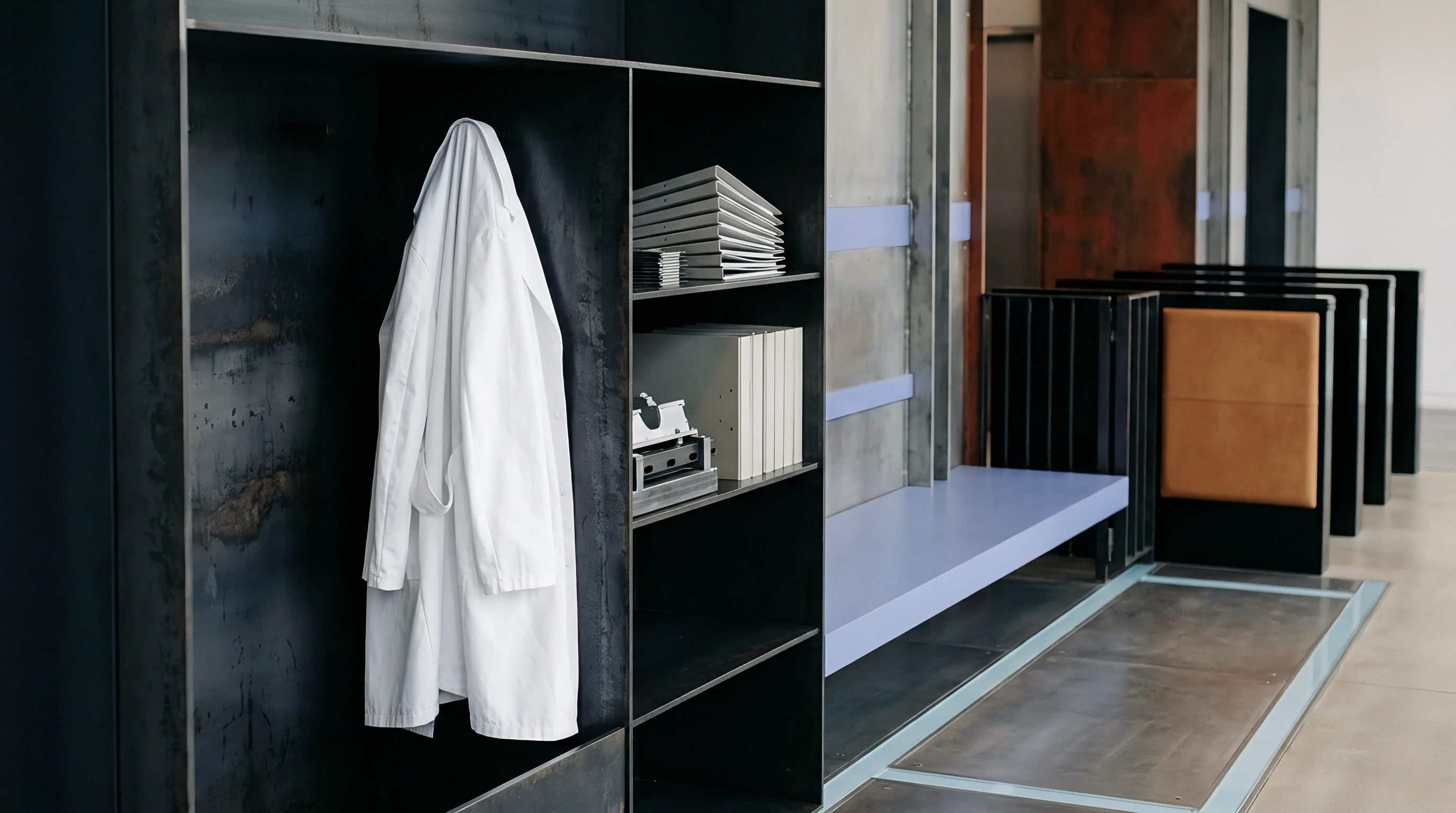 A white lab coat hangs inside a black metal locker unit containing organized technical manuals and equipment within a clean industrial facility environment.