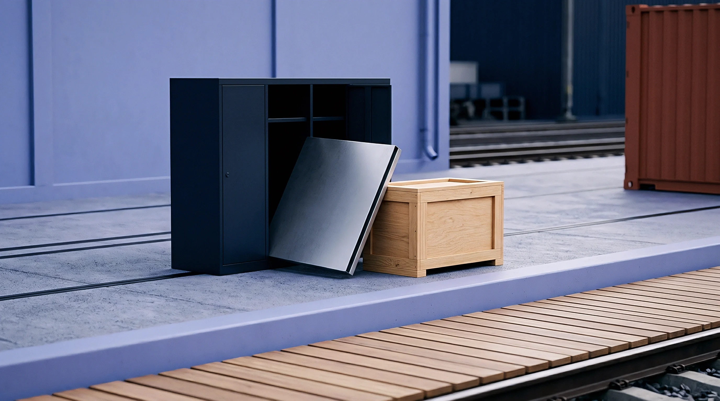 A digital render shows modular industrial storage equipment and wooden cargo crates positioned on a concrete transit platform near railway tracks.