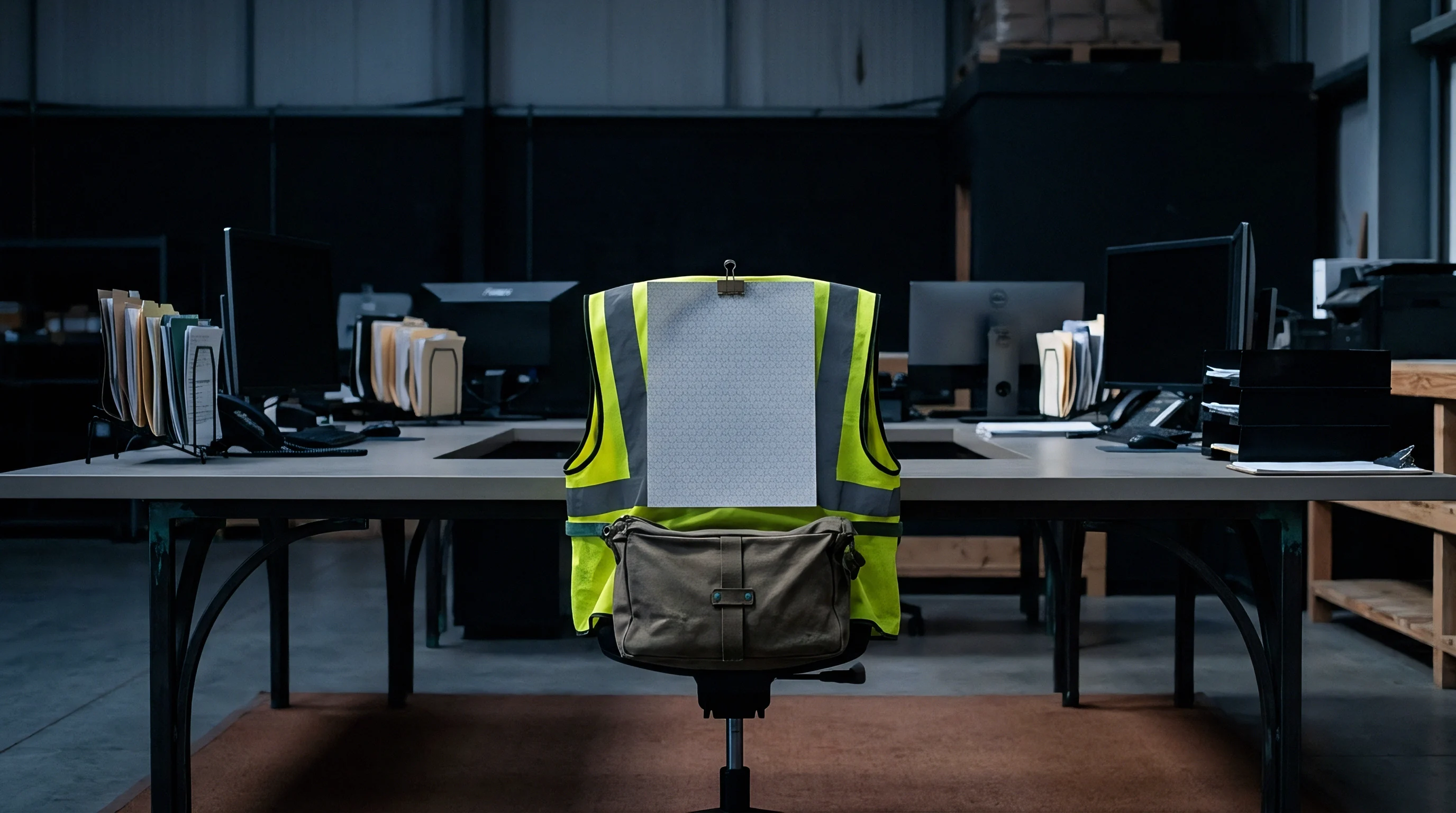 A high visibility safety vest holding a blank documentation page hangs on a desk chair within a dark industrial office workspace.