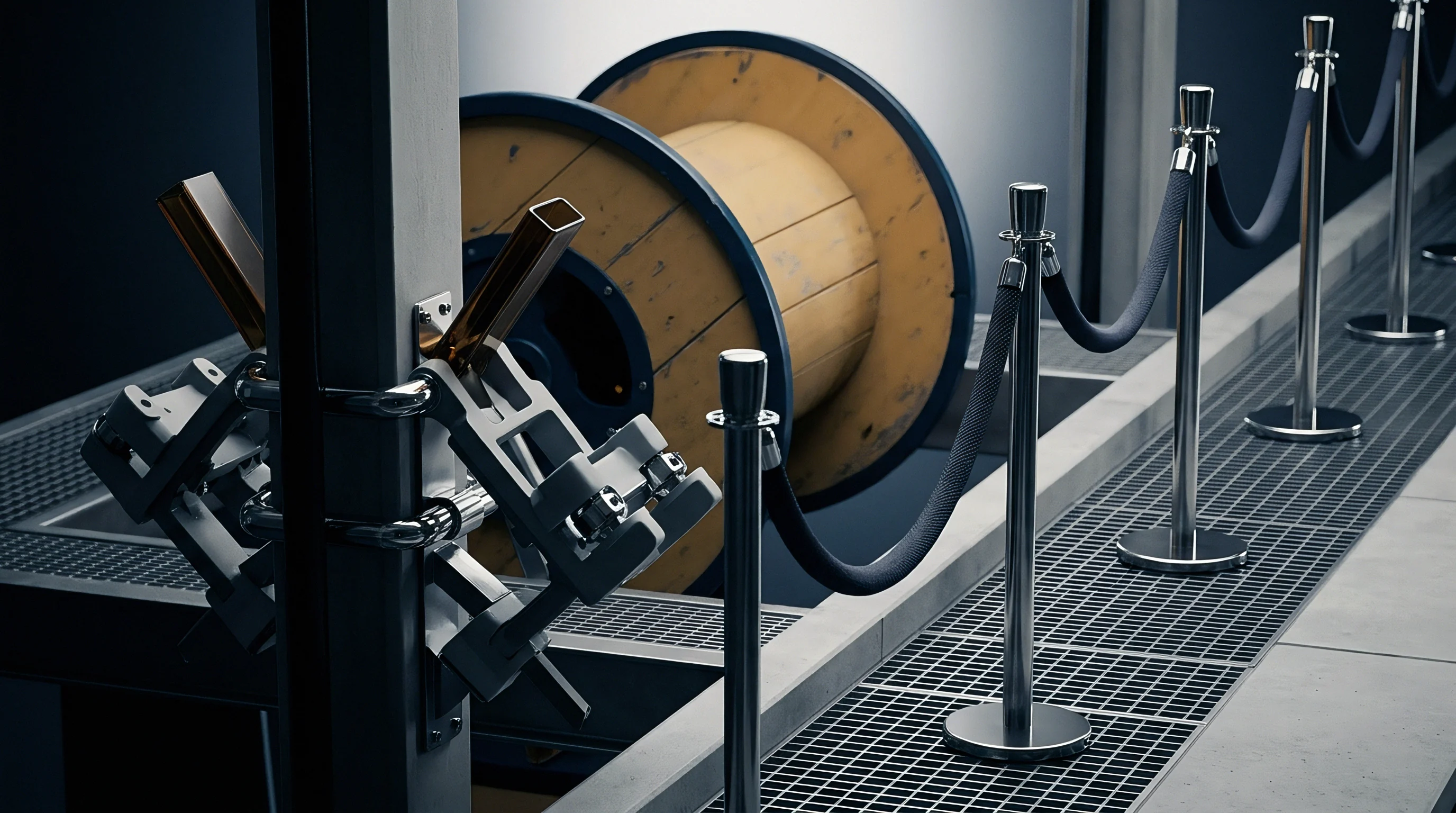 A render shows a large industrial cable spool positioned behind a series of polished metal stanchions with dark woven ropes guiding a path on a grated floor.