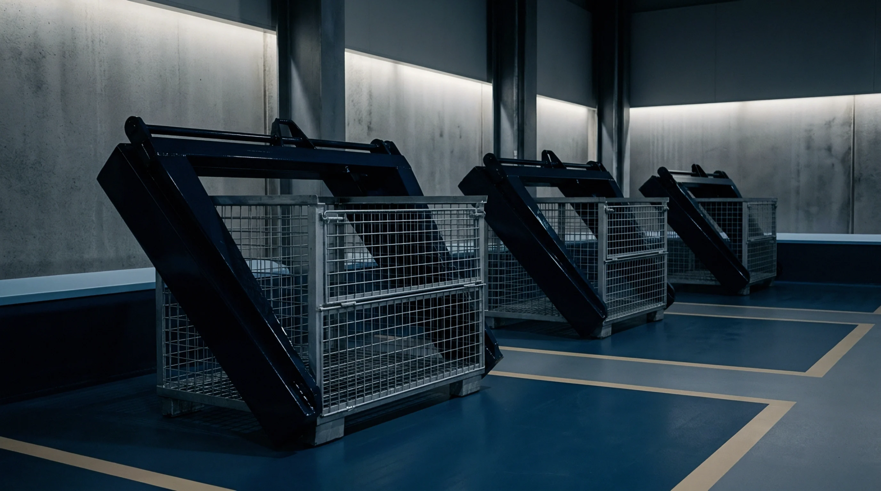 Heavy steel wire mesh material handling carts occupy designated floor spaces inside a reinforced concrete industrial production facility.