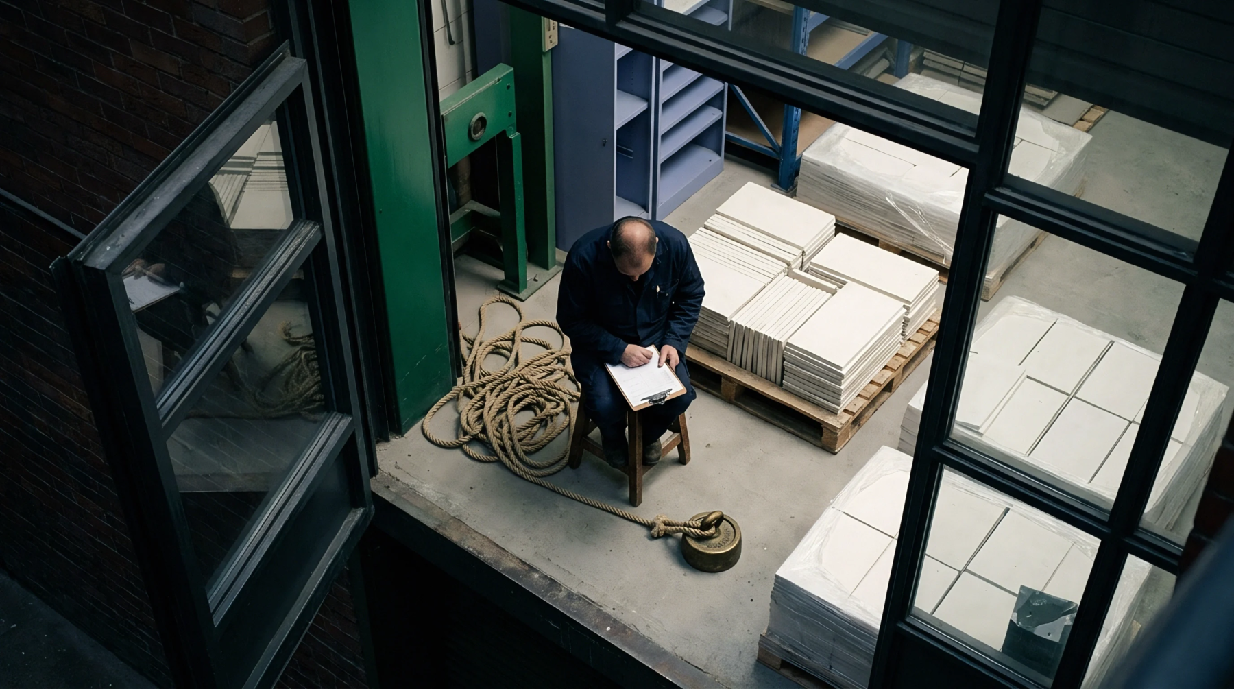 A man sits writing on a clipboard amidst stacks of manufactured panels on pallets within an industrial storage facility.