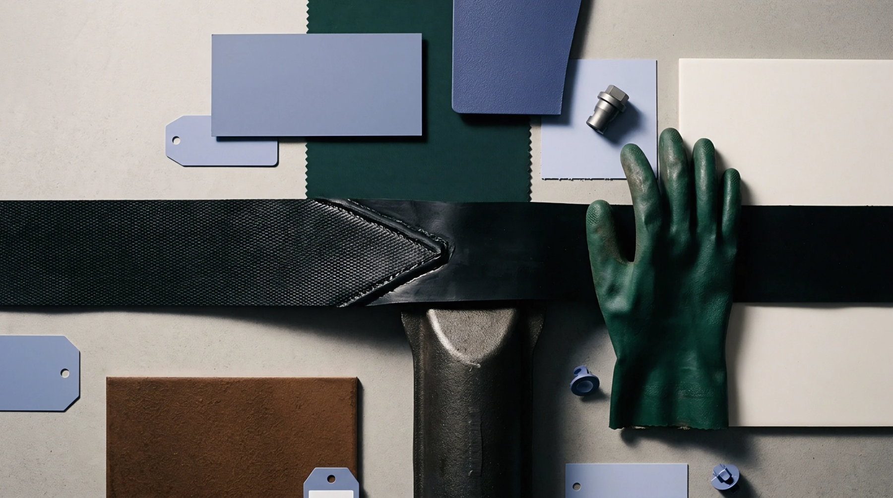 A flat lay arrangement displays industrial material swatches, a heavy-duty strap, protective gear, and a testing tool, set against a neutral surface.