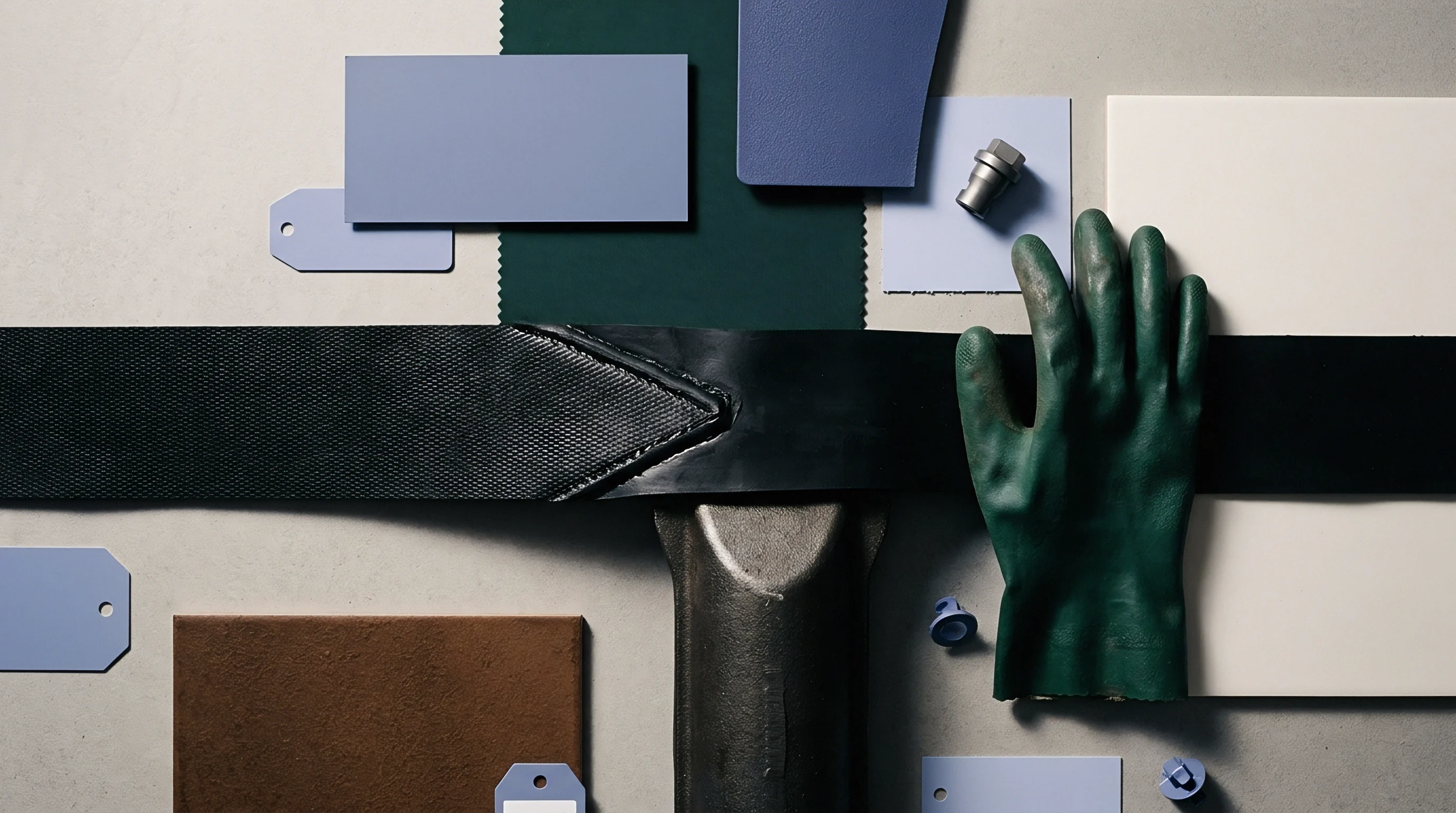 A flat lay arrangement displays industrial material swatches, a heavy-duty strap, protective gear, and a testing tool, set against a neutral surface.