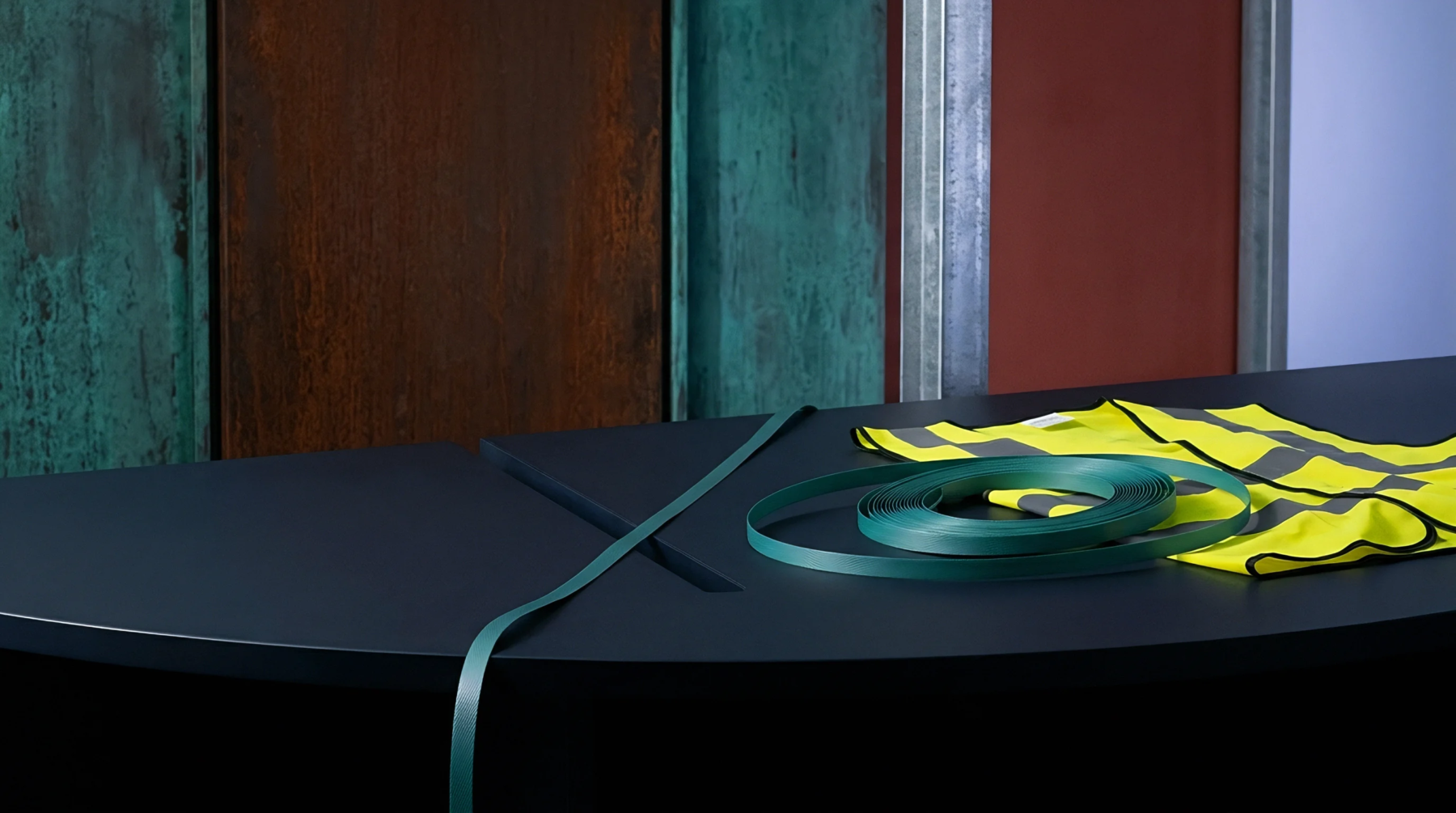 A coiled green plastic packing strap rests alongside a reflective high visibility safety vest upon a dark minimalist industrial workstation surface.