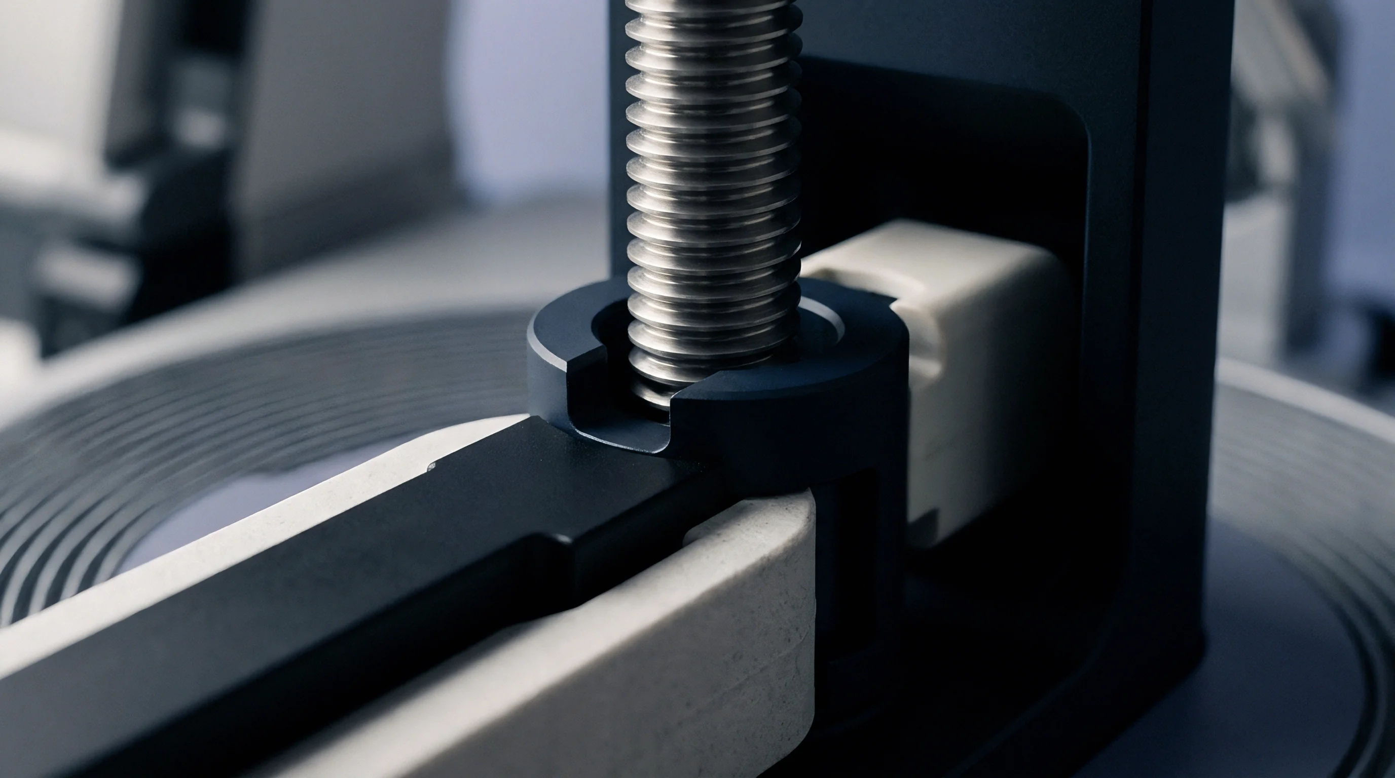 A robust metal lead screw connects with a dark blue housing and a guiding rail, part of complex industrial machinery.