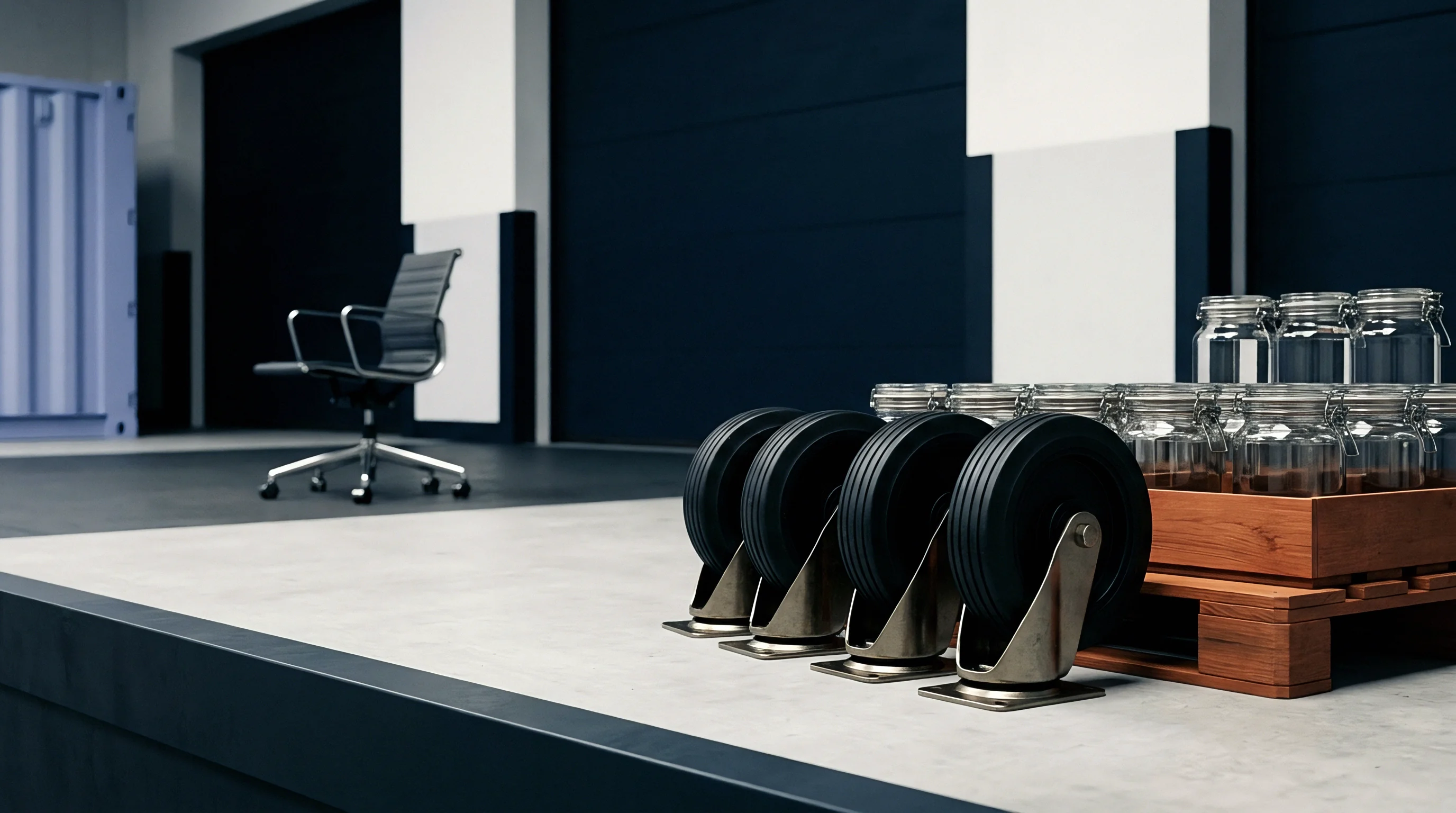 A rendered industrial scene displays a light blue container, black office chair, and multiple glass jars on a wooden pallet near large floor casters.