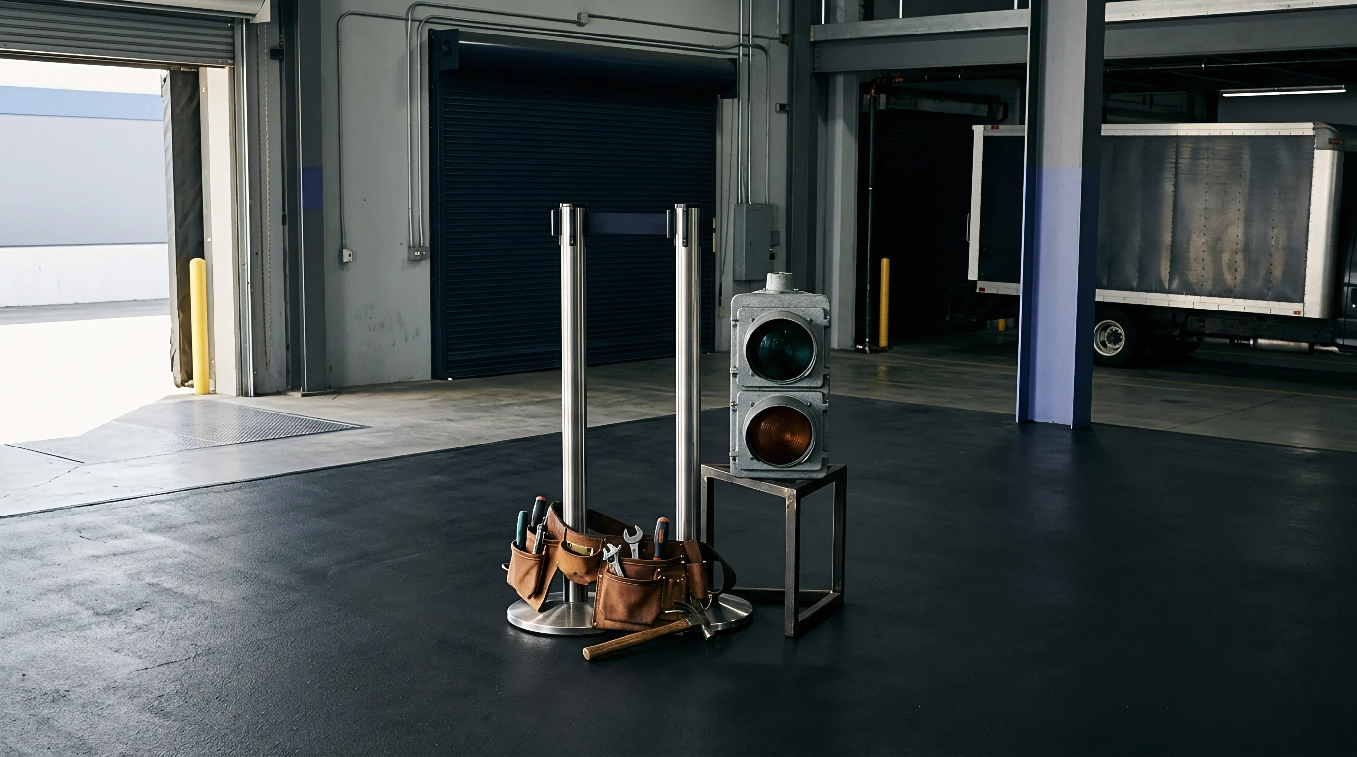 A steel traffic signal unit, leather tool belt, and retractable stanchion sit ready on a dark warehouse concrete floor.