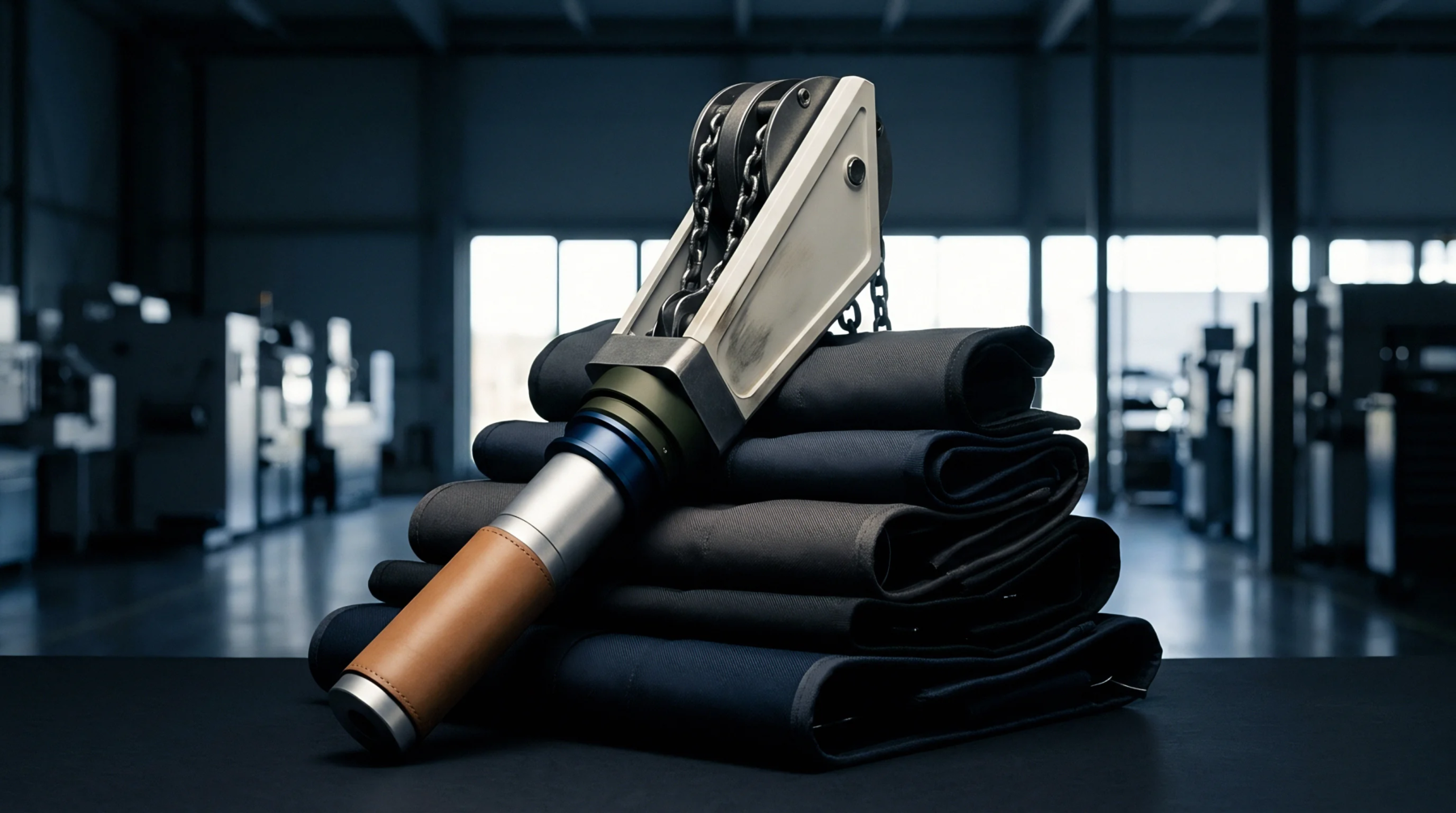 A robust industrial chain wrench with a leather grip leans on a stack of neatly folded dark fabrics inside a modern manufacturing plant.