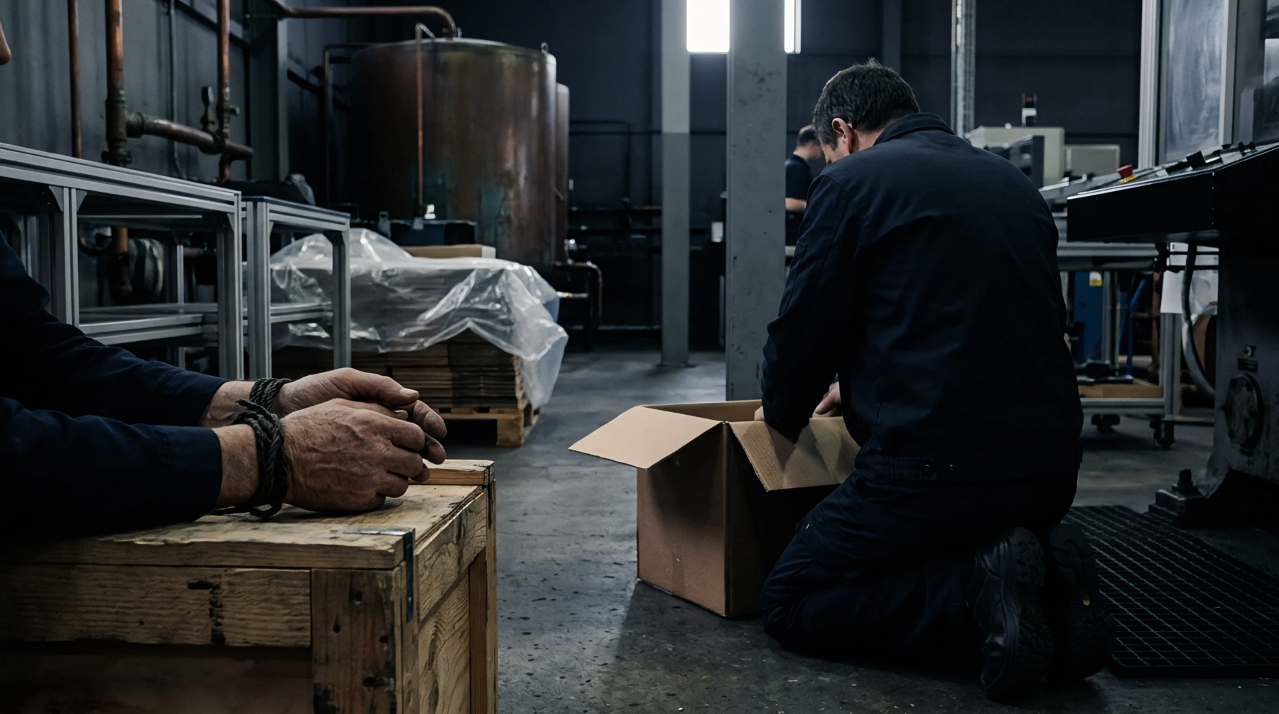 Two workers interact within a dim industrial environment featuring metalwork, piping, and large storage tanks.