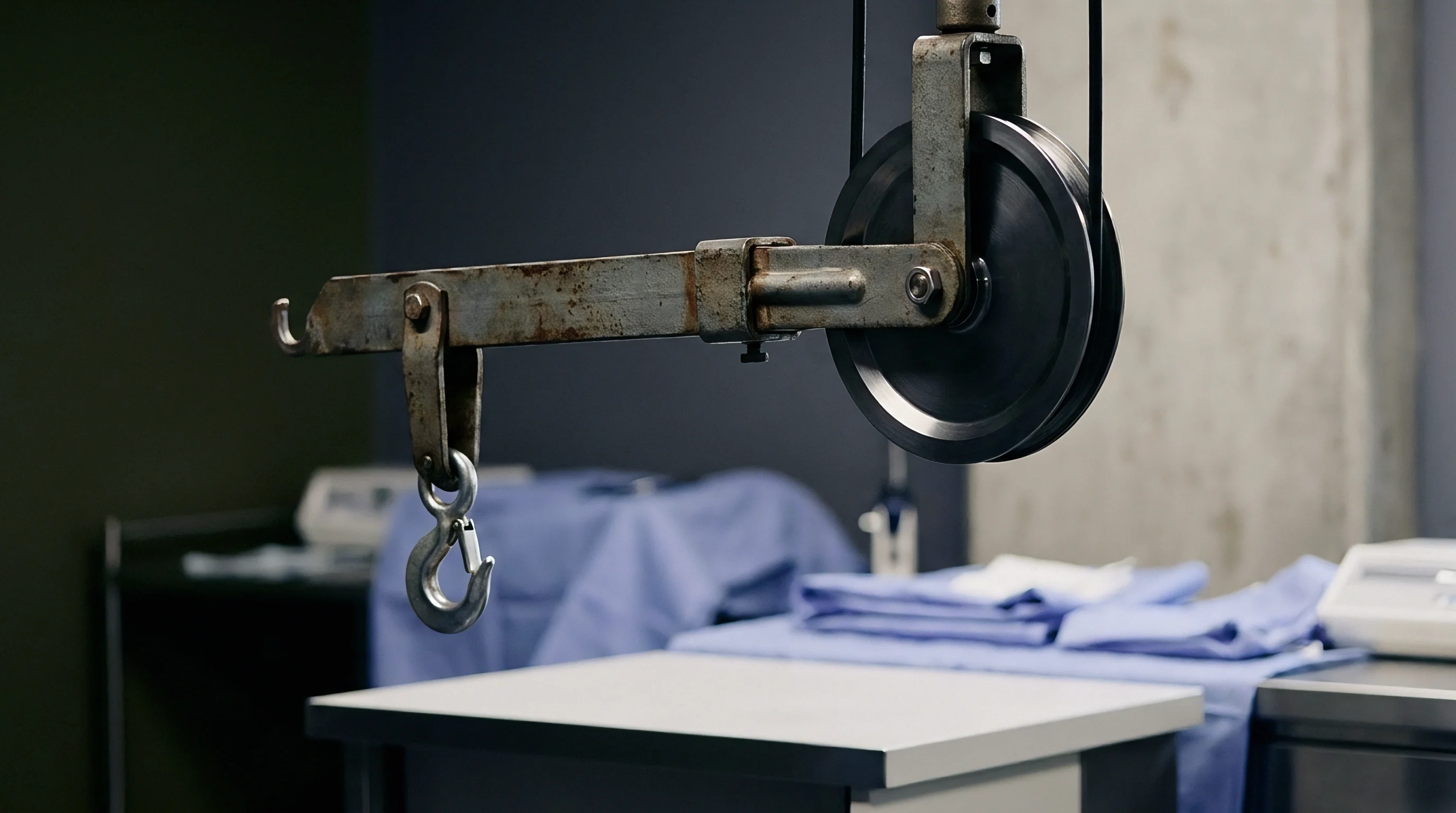A suspended industrial pulley system with a steel hook hangs over a workstation, illustrating the structural hardware required for managing heavy production equipment.