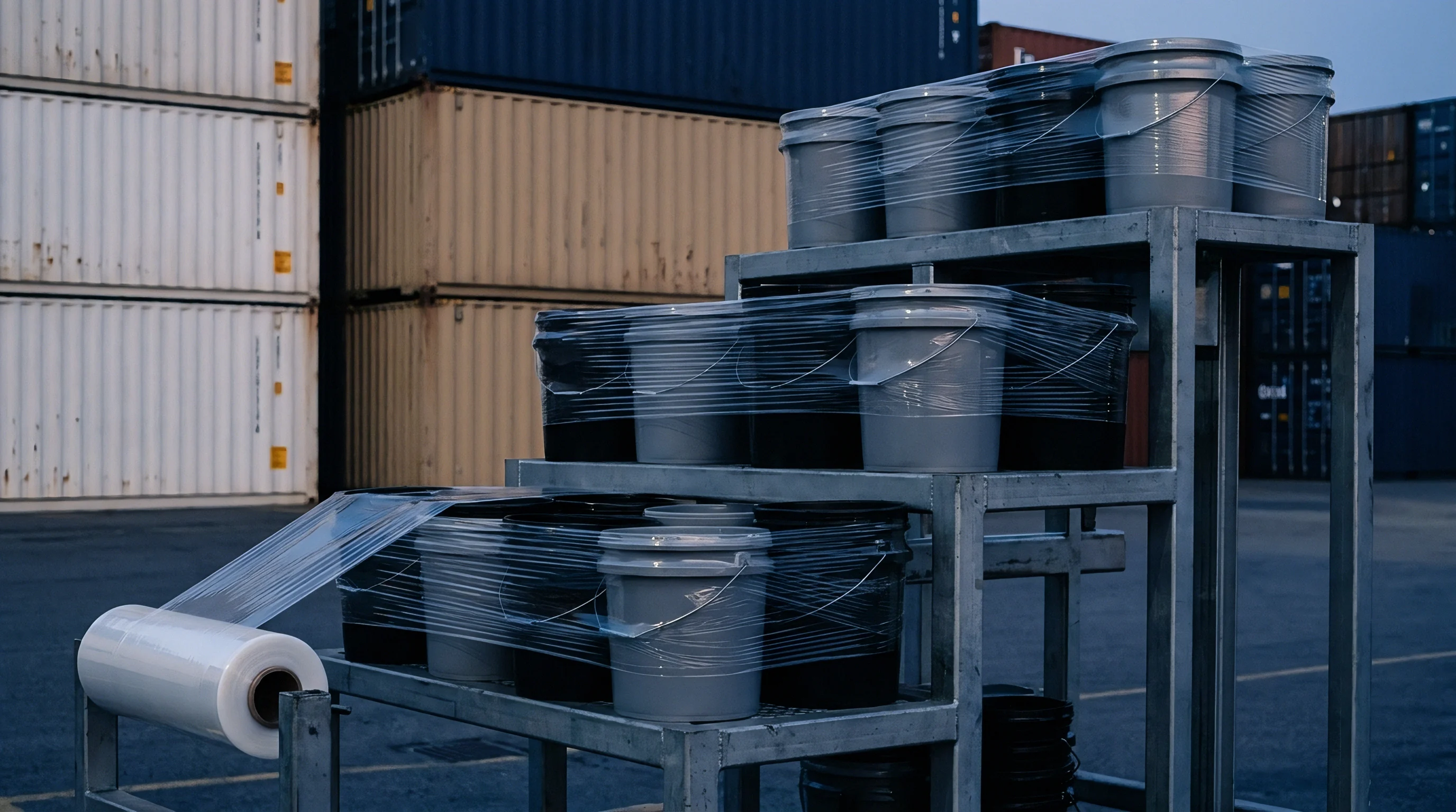 Plastic pails stacked on steel metal racks undergo containment within polyethylene film inside a terminal shipping container facility.