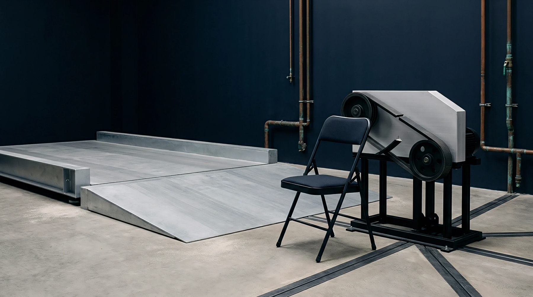 A large metallic platform with ramps sits beside a folding chair and a belt-driven mechanical apparatus against a dark industrial wall with copper piping.