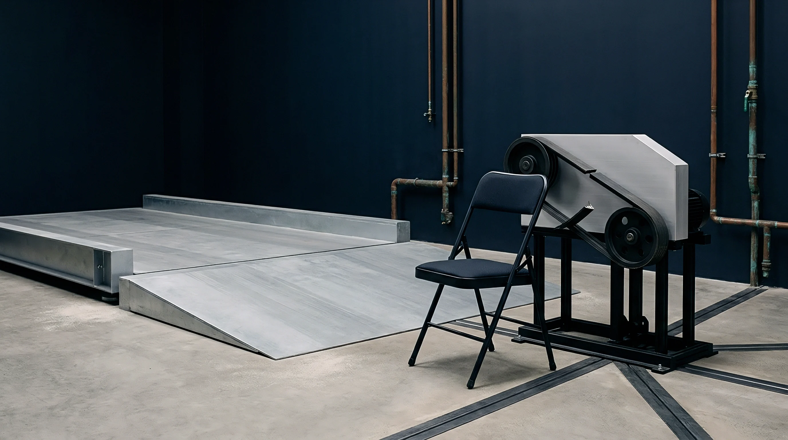 A large metallic platform with ramps sits beside a folding chair and a belt-driven mechanical apparatus against a dark industrial wall with copper piping.