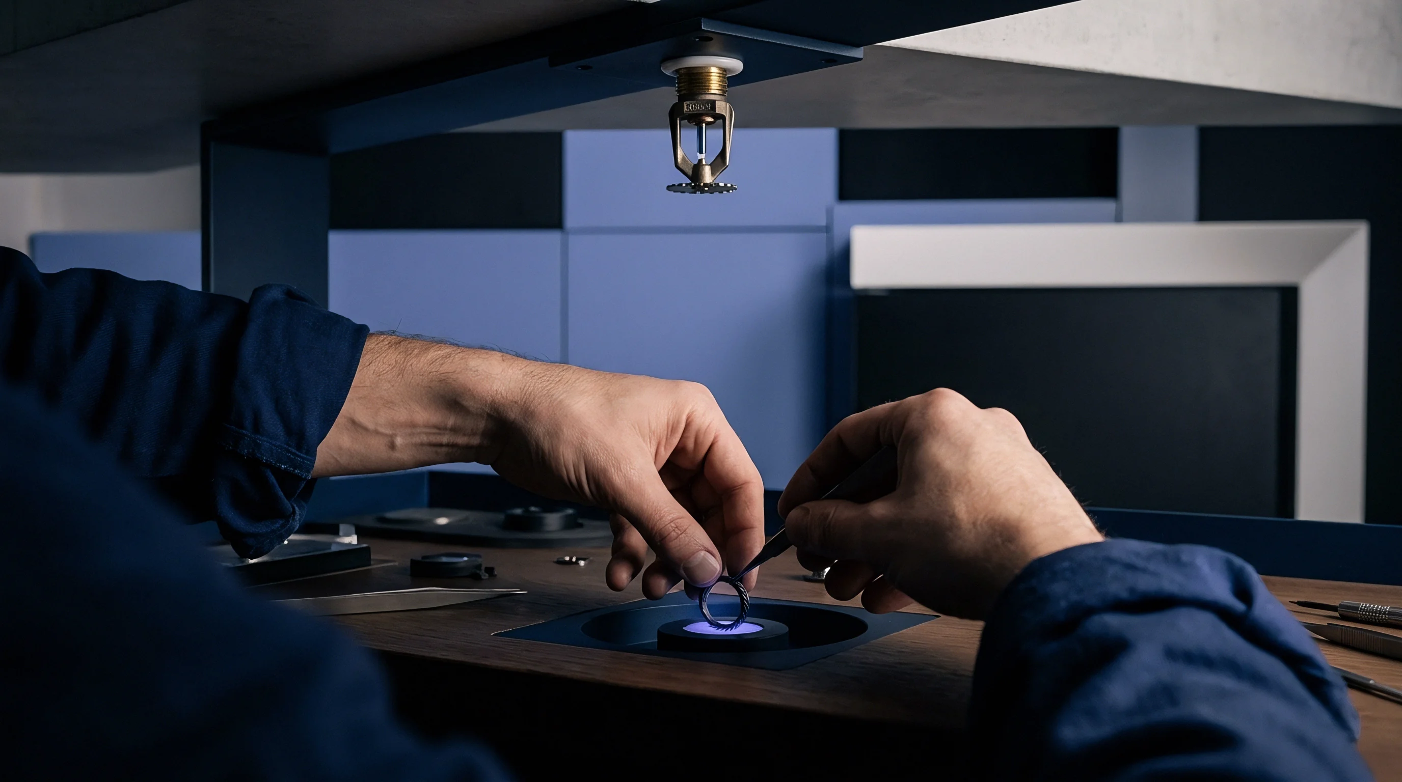 An operator's hands perform intricate work on a small, dark component, positioned within a specialized workstation featuring a concentrated blue light.