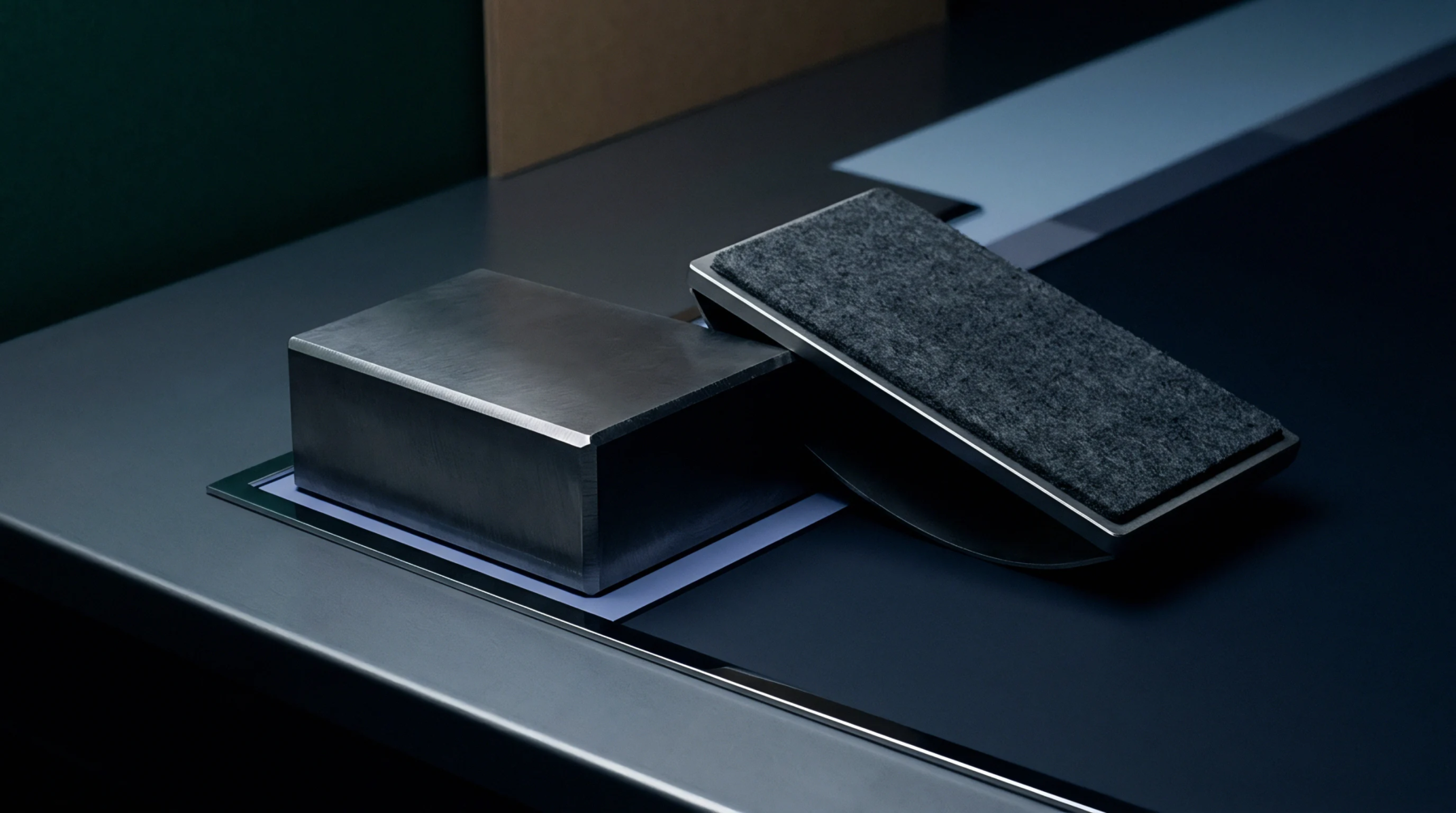 A heavy metal block rests beside a tilted pad with grey felt texture on a flat multicolored inspection table surface.