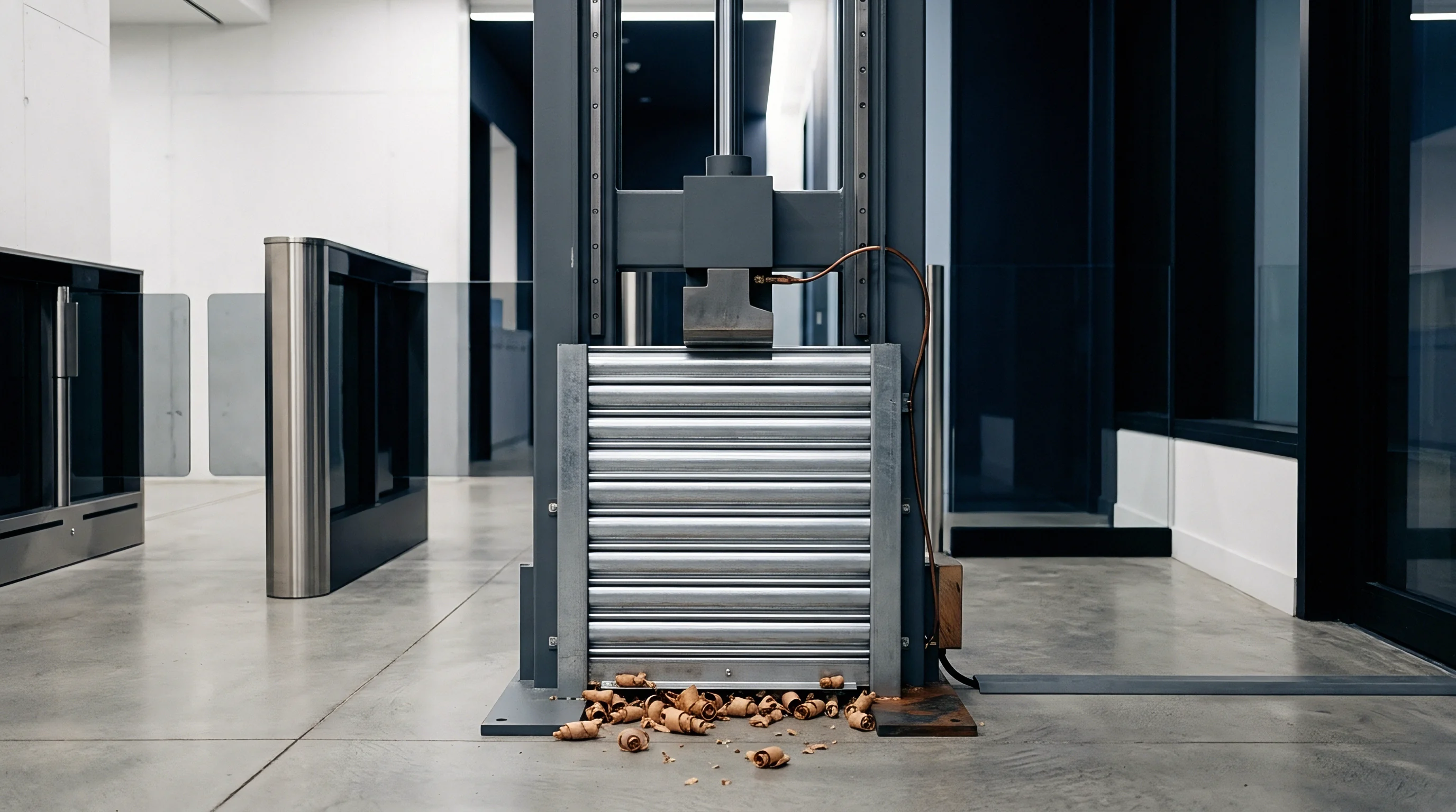 A vertical industrial press stands on a polished concrete floor amid wooden shavings within a modern glass and steel facility.