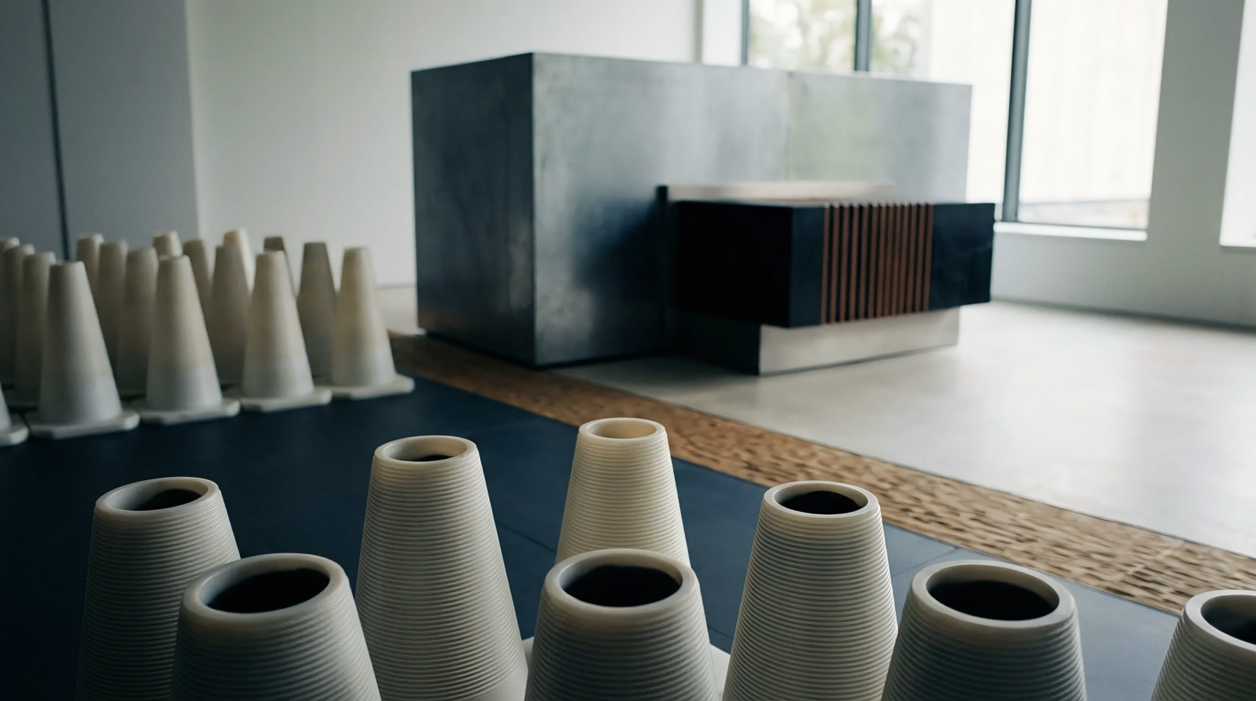 Molded conical components stand arranged in orderly rows across a production floor before a heavy metal assembly console.