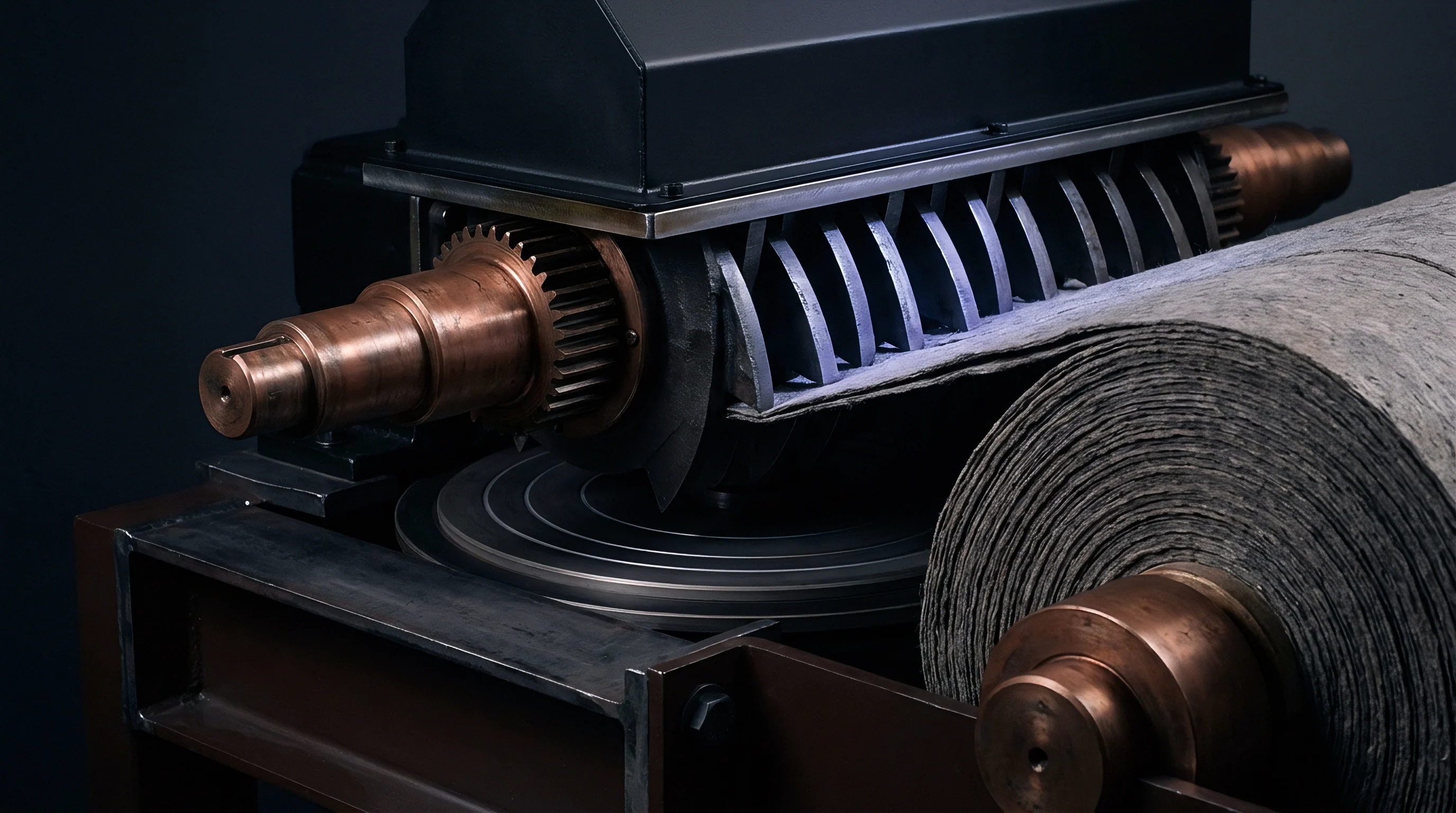 Industrial machinery processes a large roll of grey fibrous material through a cutting apparatus on a production floor.